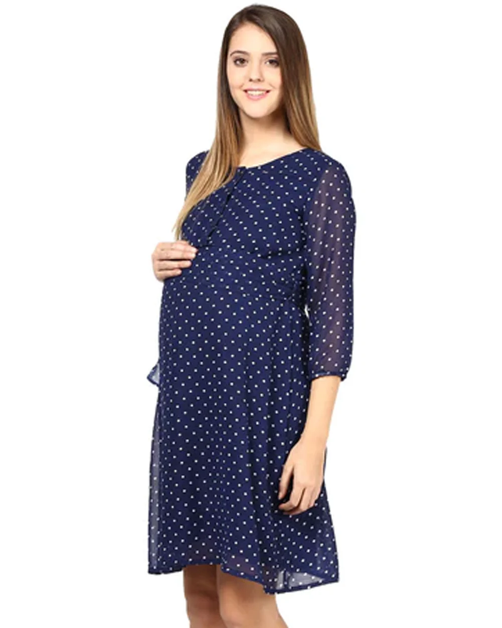 Mine4Nine Navy Blue Maternity Nursing Dress-Polka Dots Print-Rayon-Round Neck-Bump Friendly - Image 3
