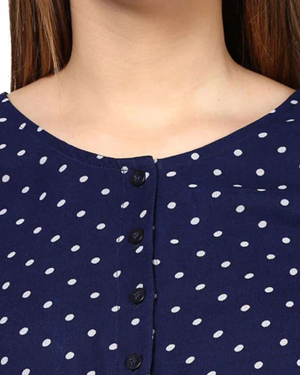 Mine4Nine Navy Blue Maternity Nursing Dress-Polka Dots Print-Rayon-Round Neck-Bump Friendly - Image 4