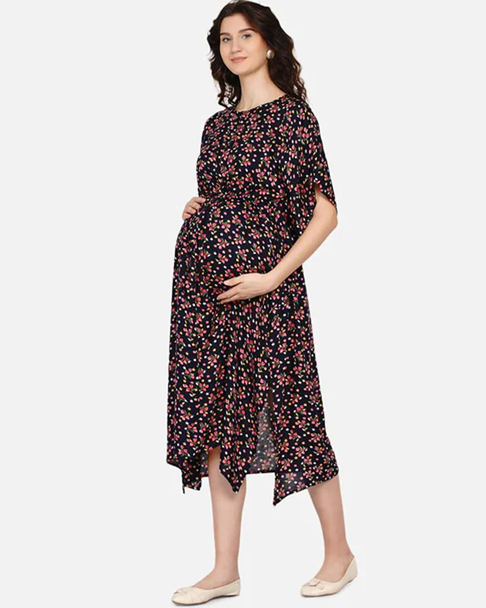 Mine4Nine Navy Blue Maternity Nursing Kaftan Dress-Floral Print-Rayon-Round Neck-Bump Friendly - Image 2