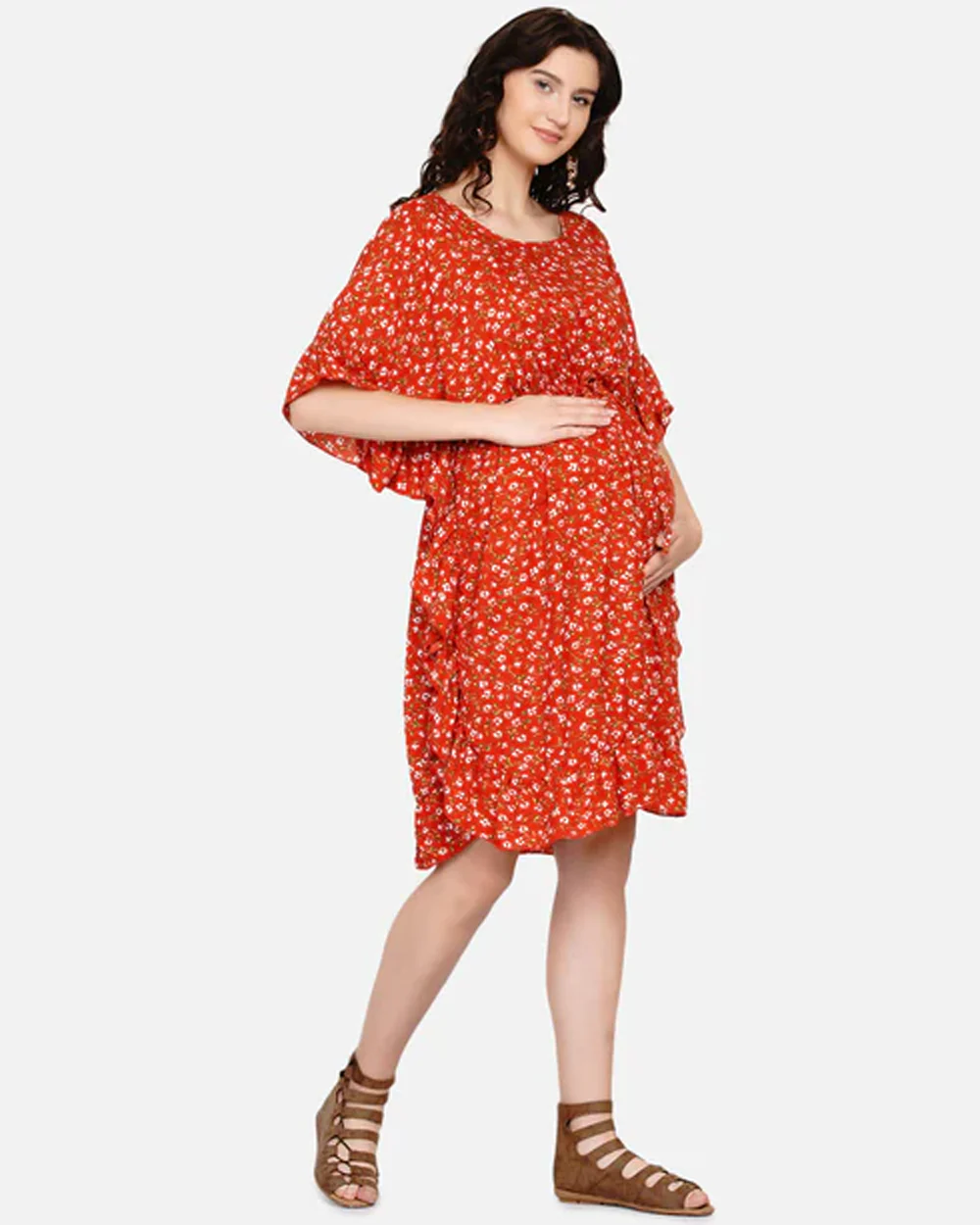 Mine4Nine Orange Maternity Nursing Kaftan Dress-Floral Print-Chiffon-Round Neck-Bump Friendly - Image 3