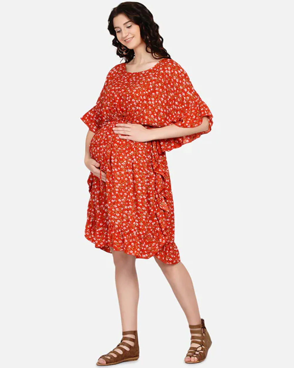 Mine4Nine Orange Maternity Nursing Kaftan Dress-Floral Print-Chiffon-Round Neck-Bump Friendly - Image 4