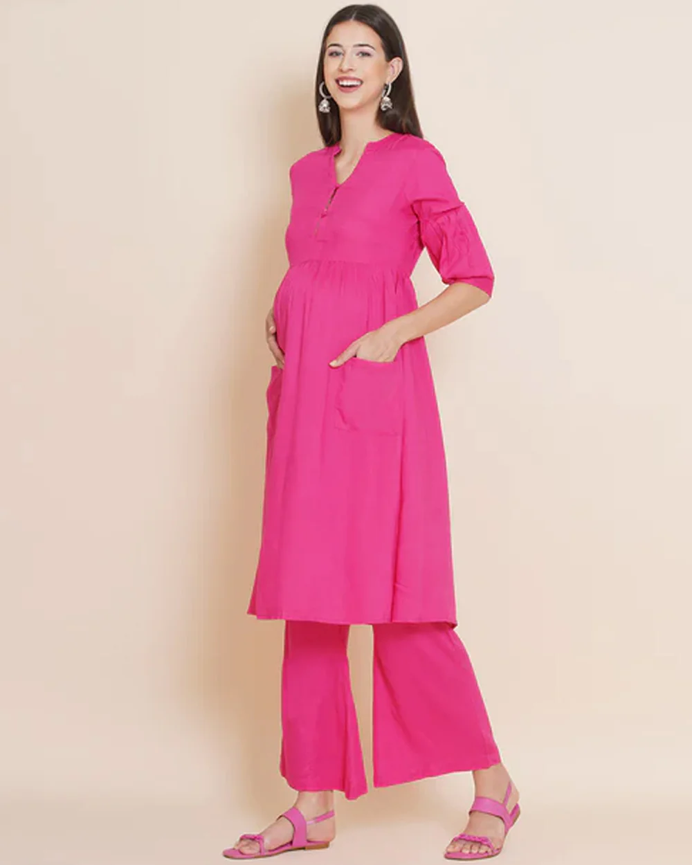 Mine4Nine Pink Maternity Nursing Kurta Set-Solid Color-Rayon-V Neck-Bump Friendly - Image 3
