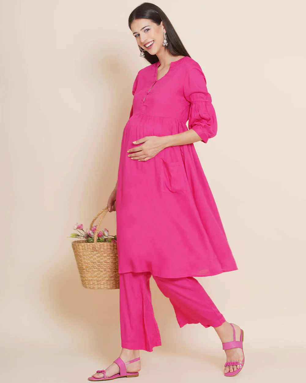 Mine4Nine Pink Maternity Nursing Kurta Set-Solid Color-Rayon-V Neck-Bump Friendly - Image 6