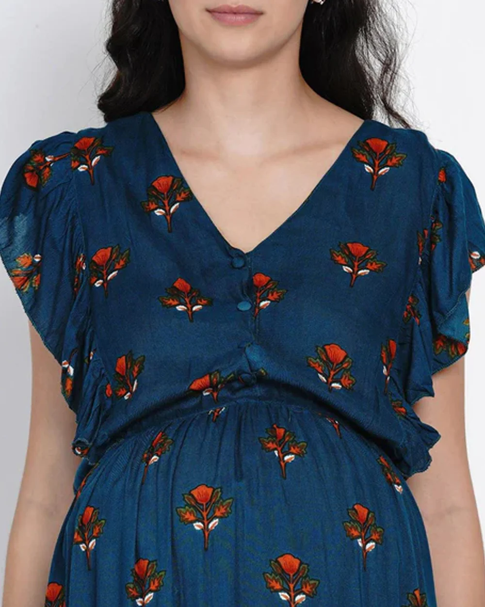 Mine4Nine Teal Maternity Nursing Dress-Floral Print-Rayon-V Neck-Bump Friendly - Image 5