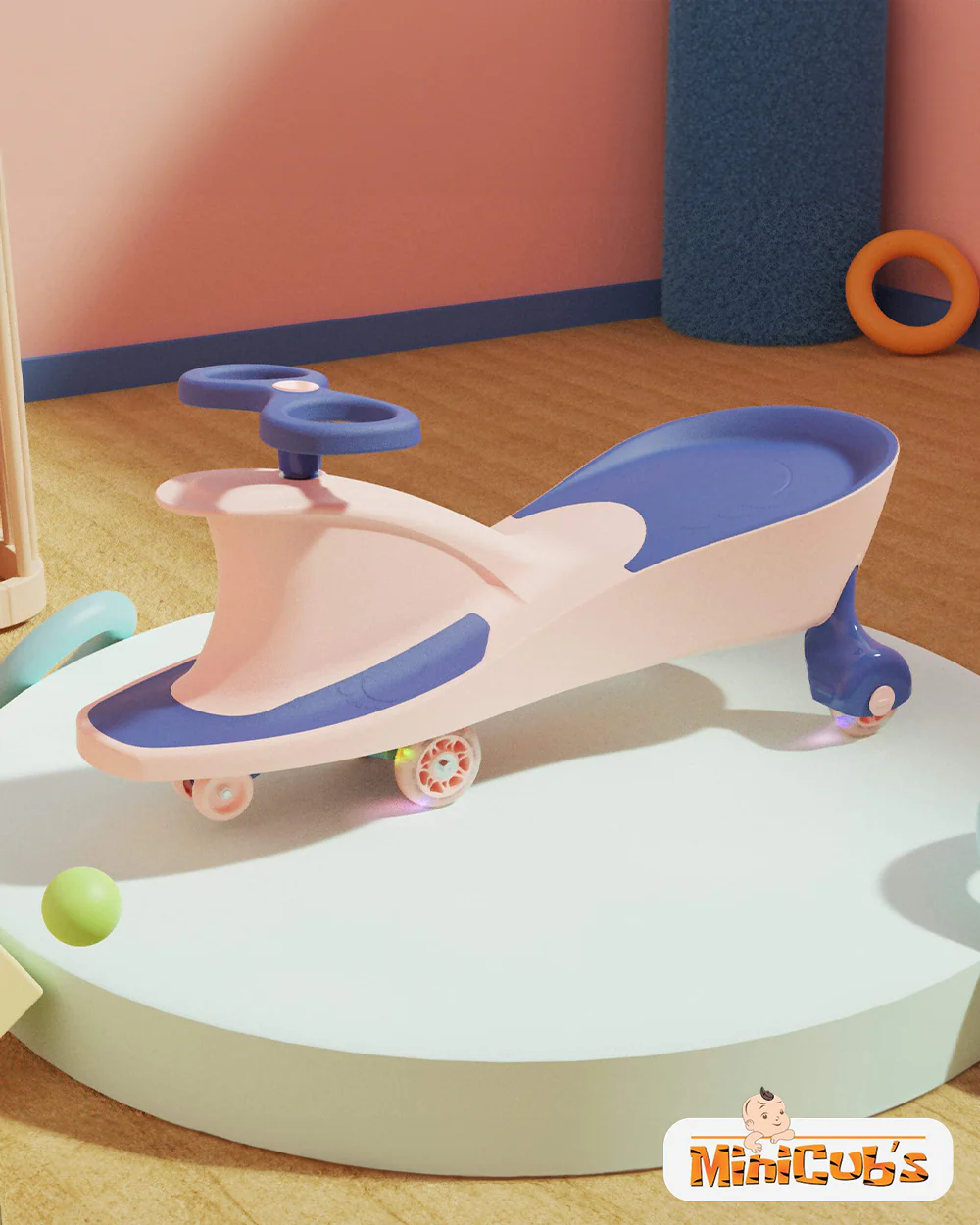 MiniCubs Swing Car-With Scratch Free & LED Swivel Wheels-Wide Seating Area-3Y+ (Upto 100kg)-Peach and Navy Blue - Image 5