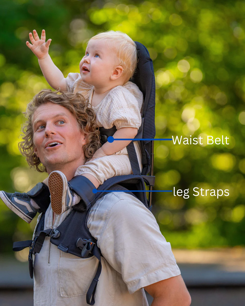 MiniMeis G5 Lightweight Baby Shoulder Carrier-Ergonomically Designed Arch for Balanced Weight Distribution & Parent Comfort-With Secured Seat Belt & Leg Straps-Easy to Fold-Padded Seat & Flexible Backrest-For 6M to 4Y (Upto 18 Kg)-Olive Green - Image 5