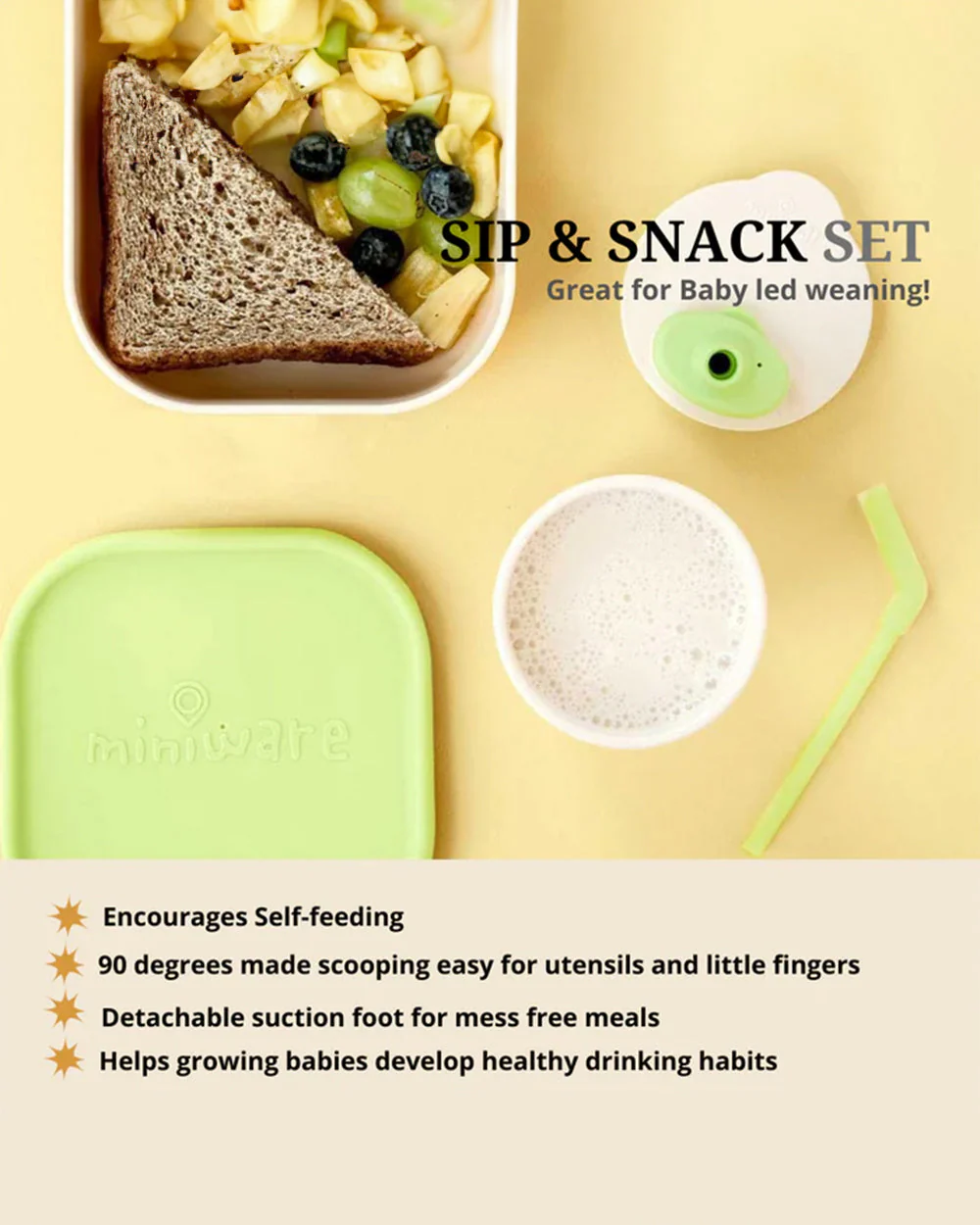 Miniware Baby Birthday Feeding Set-Pack of 3-Bowl with Lid, Cup with Lid & Bib-Mint & Cream - Image 10