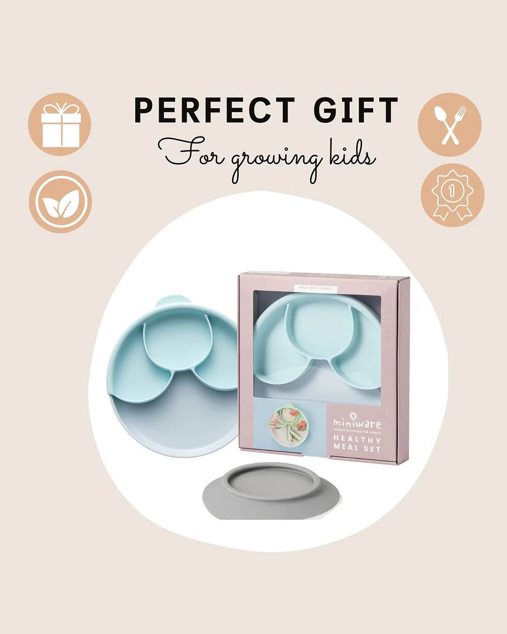 Miniware Healthy Meal Plate-Aqua-With Detachable Suction Foot-Plant Based-For Feeding Infants - Image 12