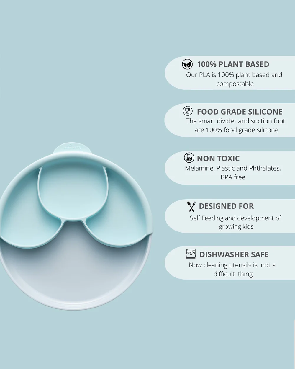 Miniware Healthy Meal Plate-Aqua-With Detachable Suction Foot-Plant Based-For Feeding Infants - Image 8