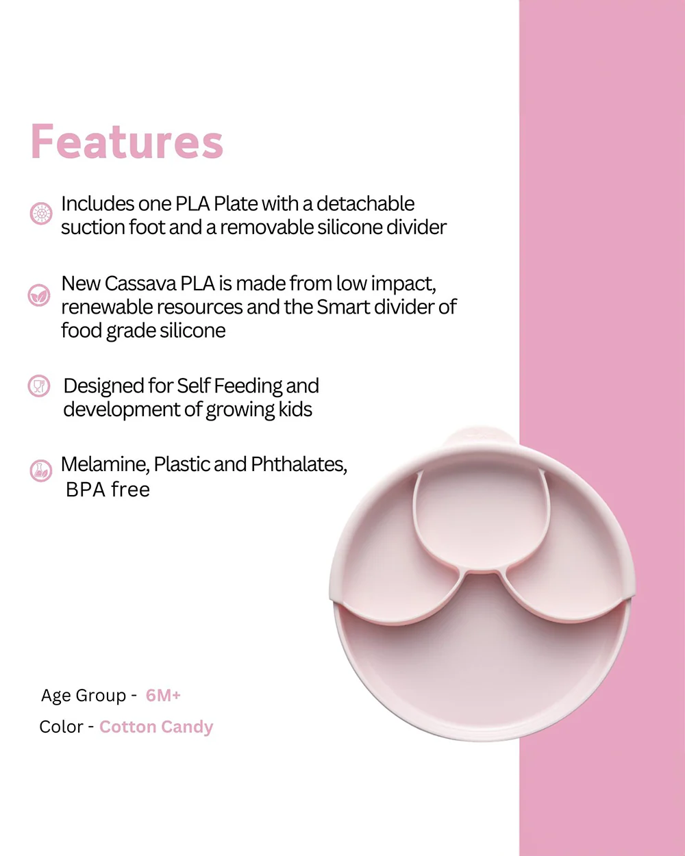 Miniware Healthy Meal Plate-Cotton Candy & Cotton Candy-With Detachable Suction Foot-Plant Based-For Feeding Infants - Image 6