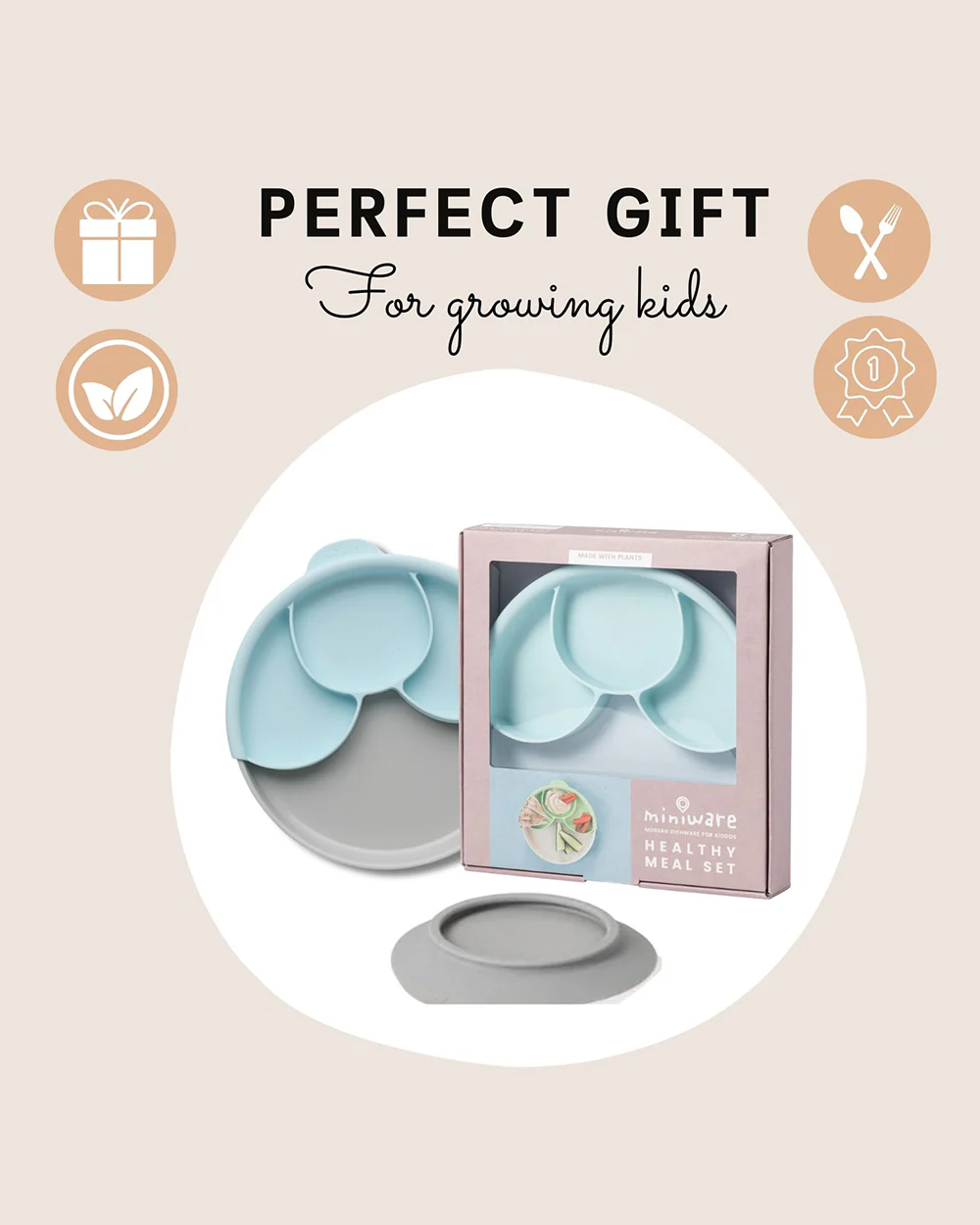 Miniware Healthy Meal Plate-Vanilla & Aqua-With Detachable Suction Foot-Plant Based-For Feeding Infants - Image 9