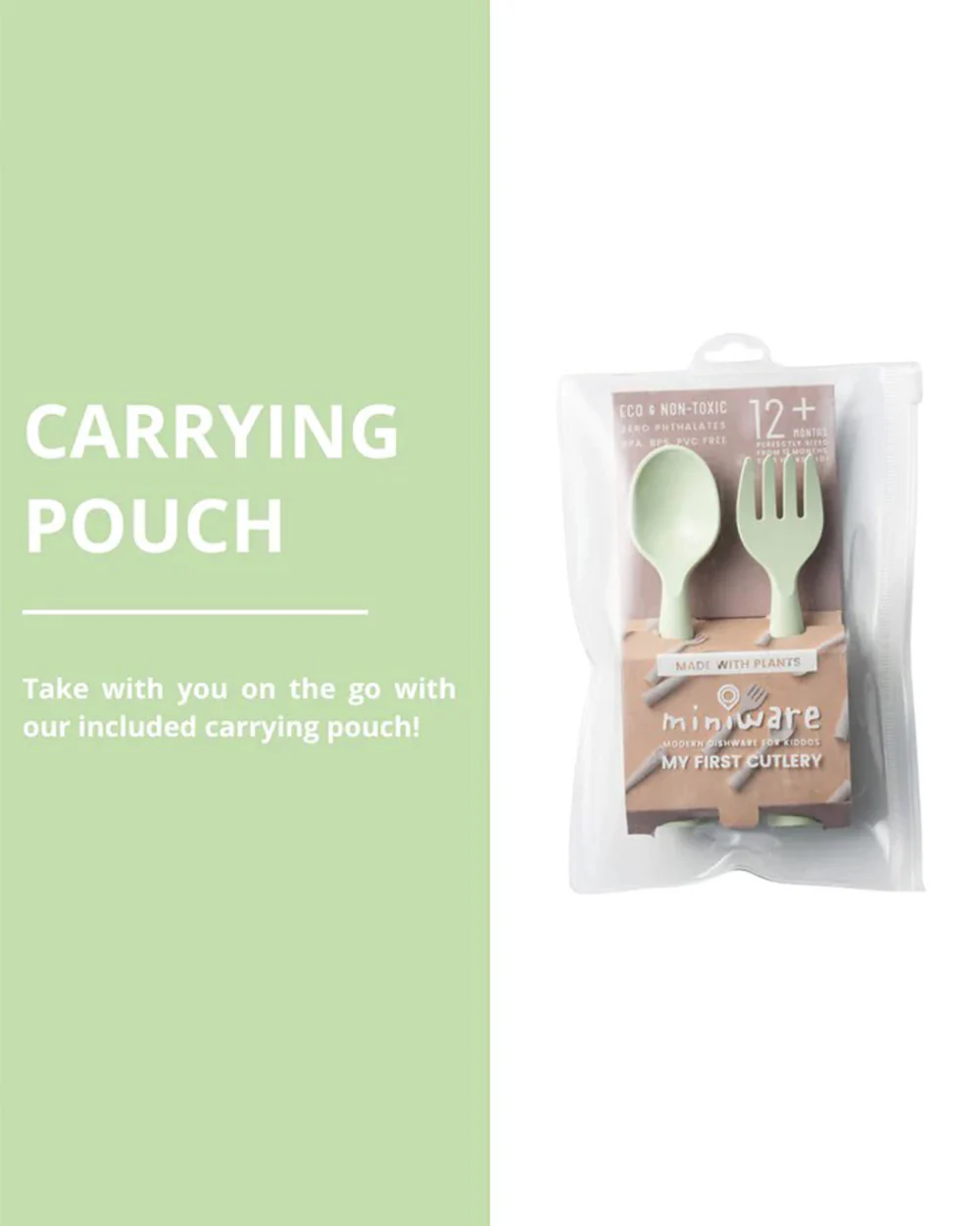 Miniware My First Cutlery Spoon & Fork Set-Biodegradable-With Carry Pouch-Key Lime-For Infants - Image 3