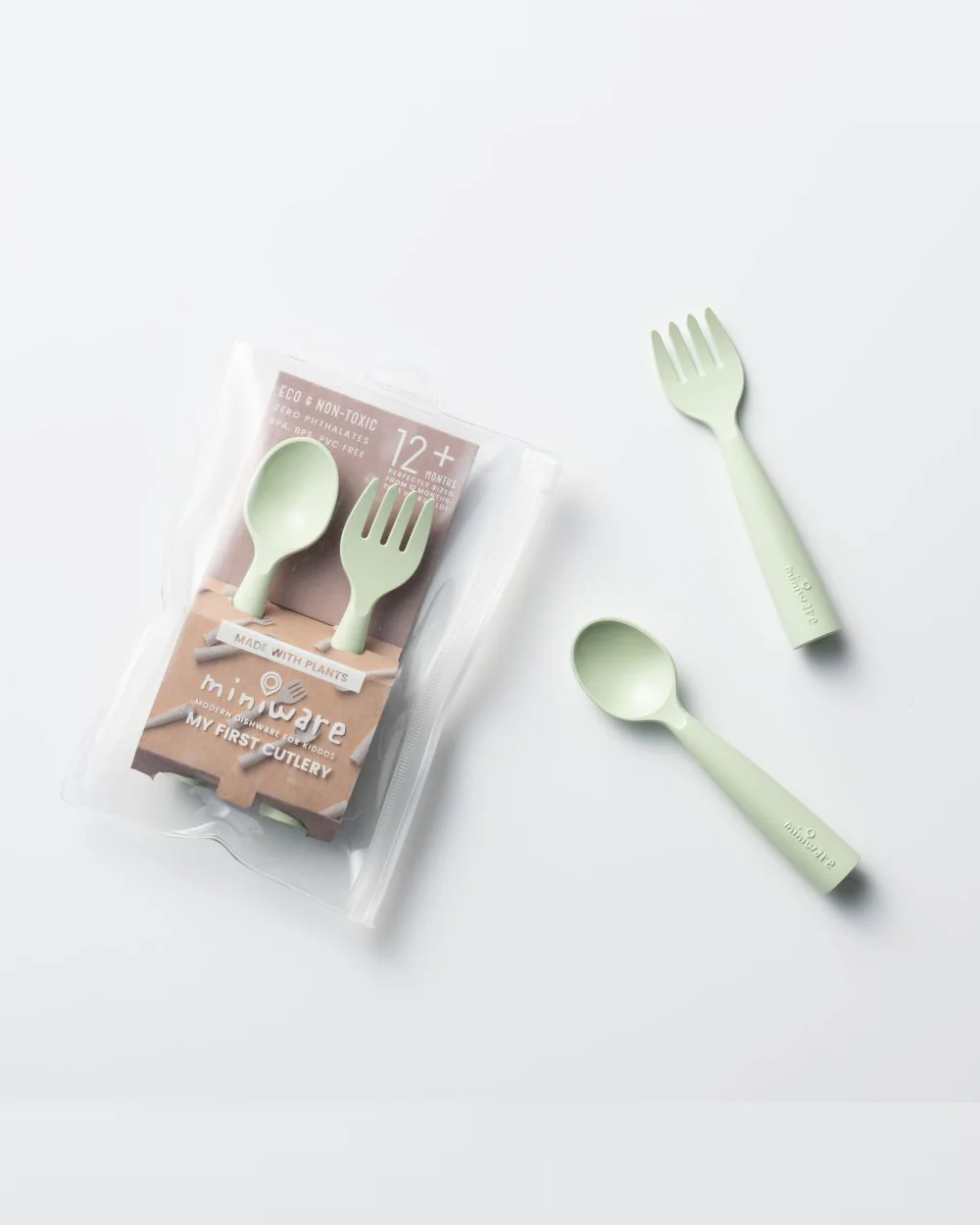 Miniware My First Cutlery Spoon & Fork Set-Biodegradable-With Carry Pouch-Key Lime-For Infants - Image 4