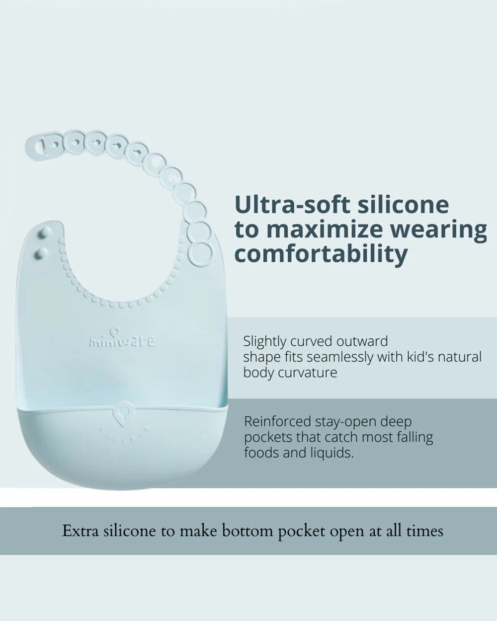 Miniware Roll & Lock Waterproof Silicone Bib-Crumb Catcher To Reduce Mess-Aqua-For Infants - Image 4