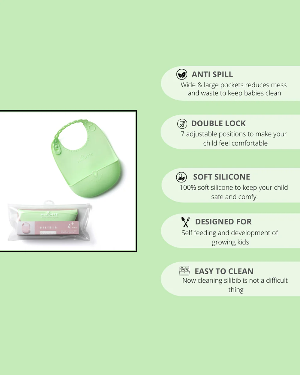 Miniware Roll & Lock Waterproof Silicone Bib-Crumb Catcher To Reduce Mess-Key Lime-For Infants - Image 5