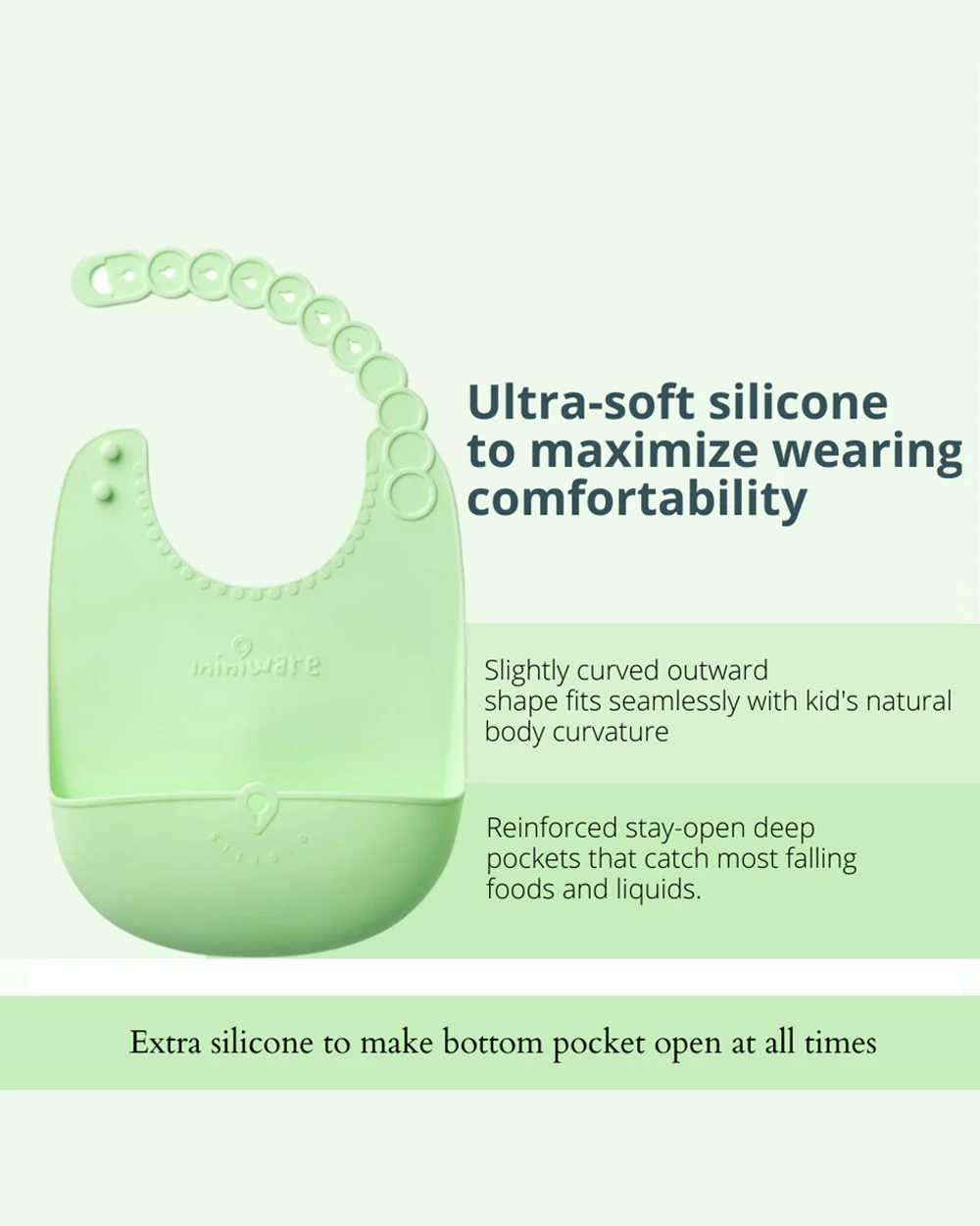 Miniware Roll & Lock Waterproof Silicone Bib-Crumb Catcher To Reduce Mess-Key Lime-For Infants - Image 6