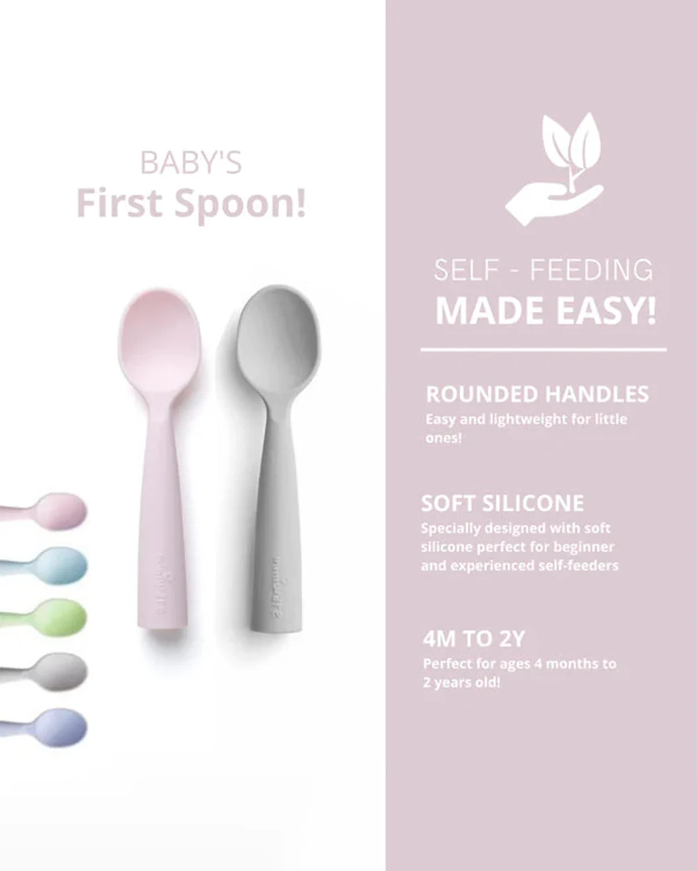 Miniware Silicone Training Spoon Set-Easy Grip Handles-Pack of 2-Grey & Cotton Candy-For Infants - Image 4