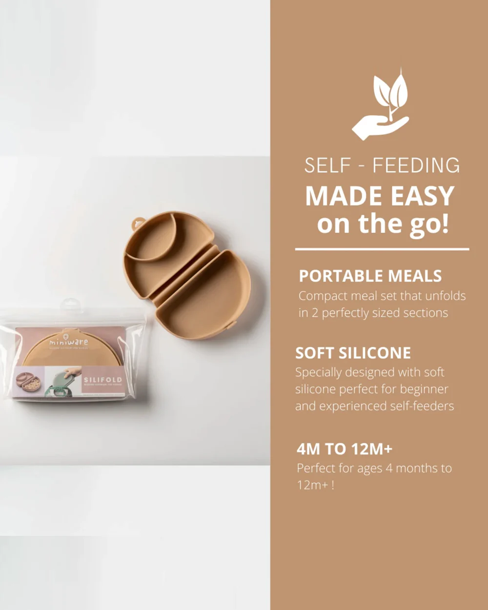 Miniware Silifold-Almond Butter-Foldable Plate-With Suction Base & 2 Divided Sections-For Feeding Infants - Image 5