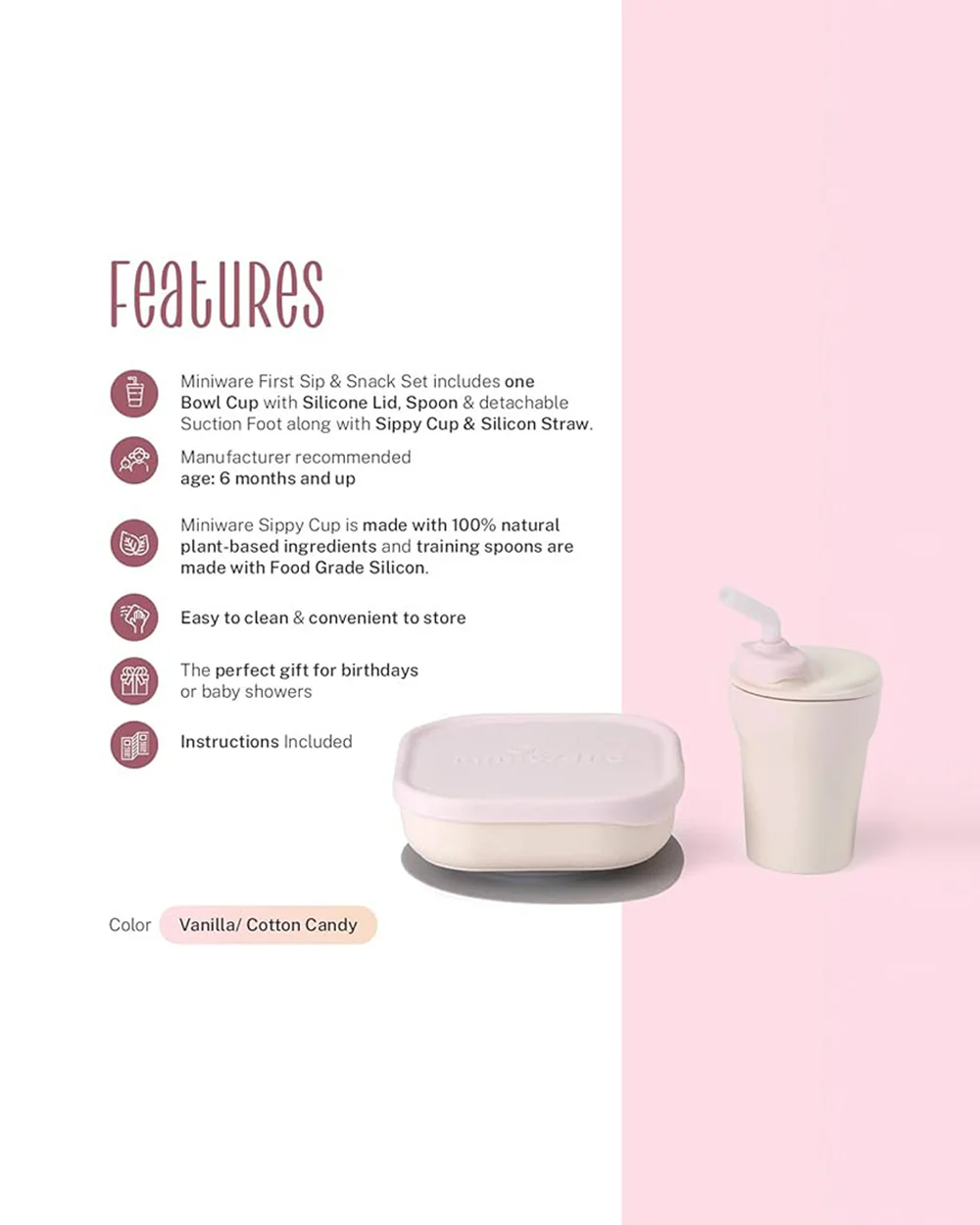 Miniware Sip & Snack-Vanilla & Cotton Candy-With Suction Foot & Sippy Cup-Meal Set-For Feeding Infants - Image 7