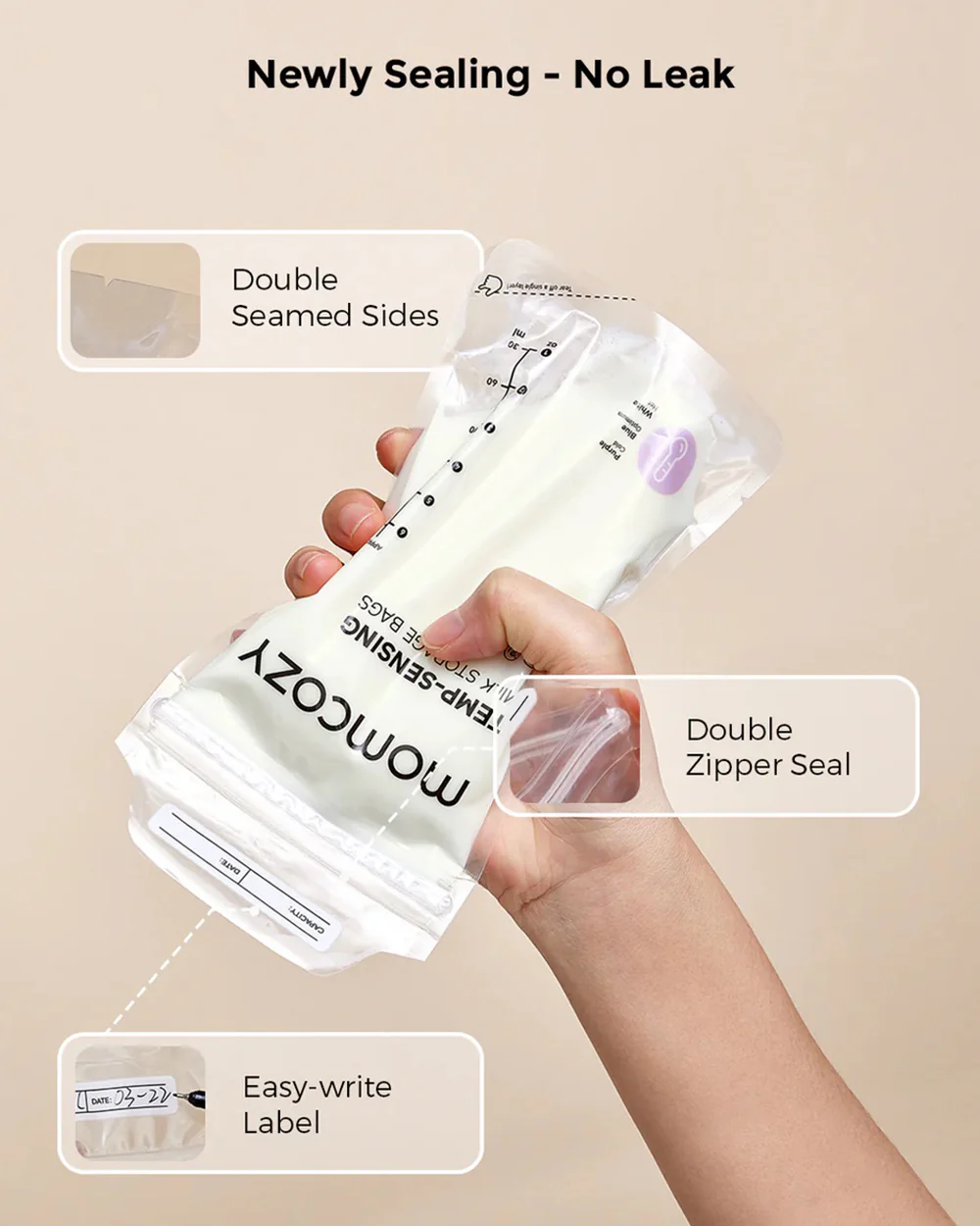 Momcozy Breastmilk Storage Bags-Temperature Sensing Discoloration-No Leak-Easy Seal-Disposable-Freezer Safe Standing Storage Pouches-With Measurement Markings-180 ml-Pack of 50 - Image 3