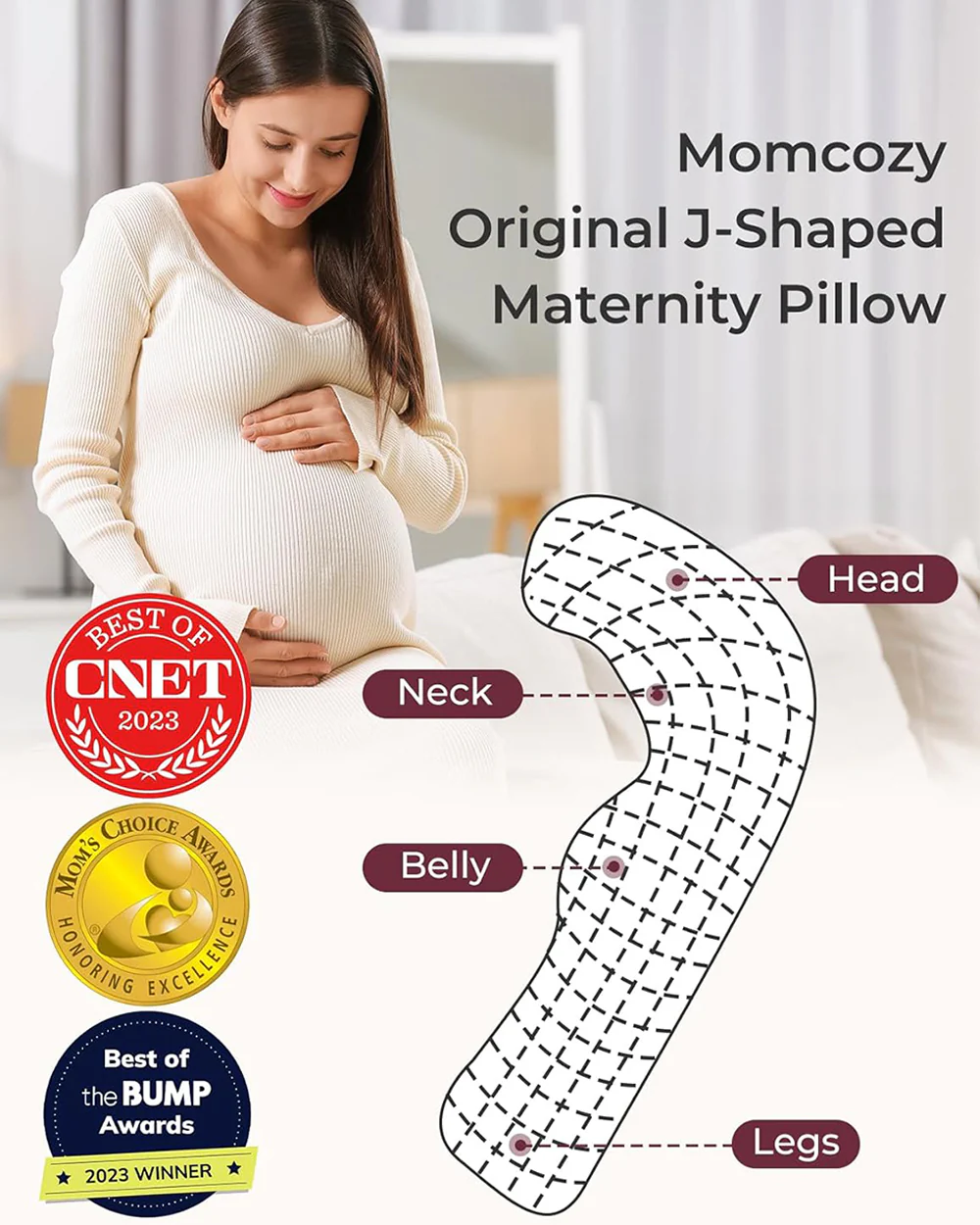Momcozy J shaped Pregnancy Pillow-Full Body-Grey-Removable & Washable Jersey Cover-For Maternity - Image 2
