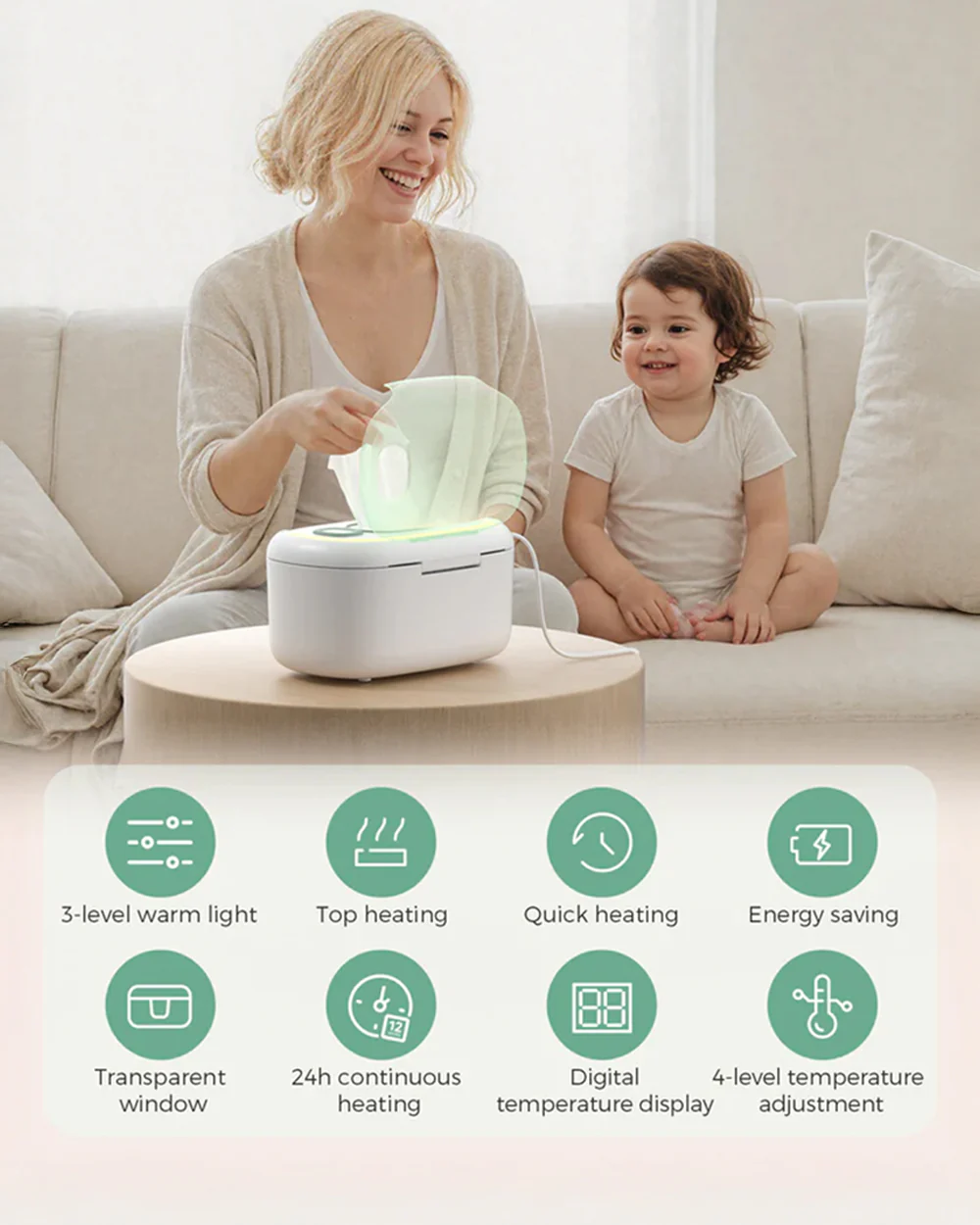 Momcozy Large Capacity Baby Wipe Warmer-3 Level Warm Light-4 Level Temperature Adjustments with Quick Heating-Compatible with 60-80 pcs - Image 9