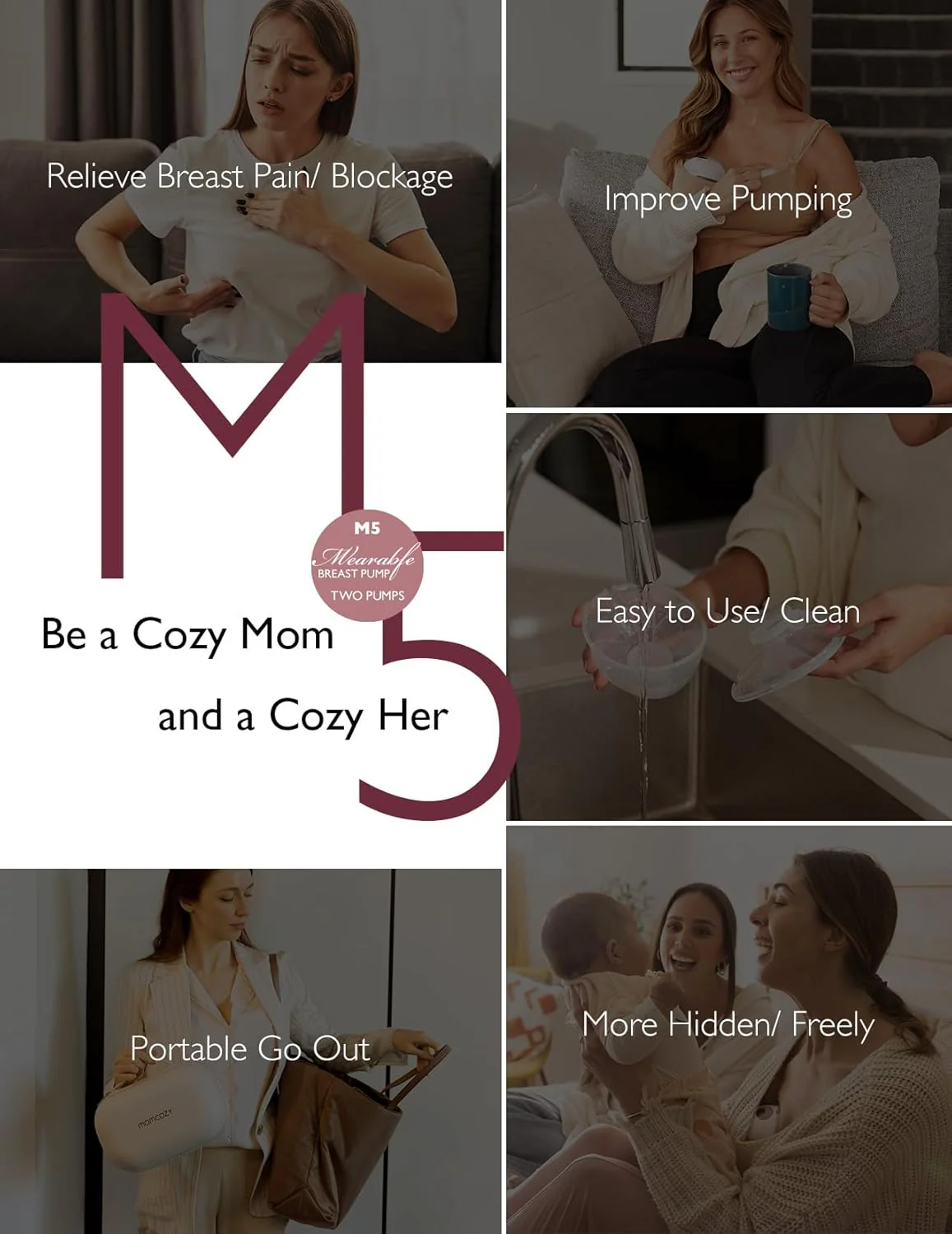 Momcozy All-in-one M5 Wearable Double Electric Breast Pump - Painless Pumping - Portable - 3 Modes & 9 Suction Levels - Rechargeable - Purple - Image 8