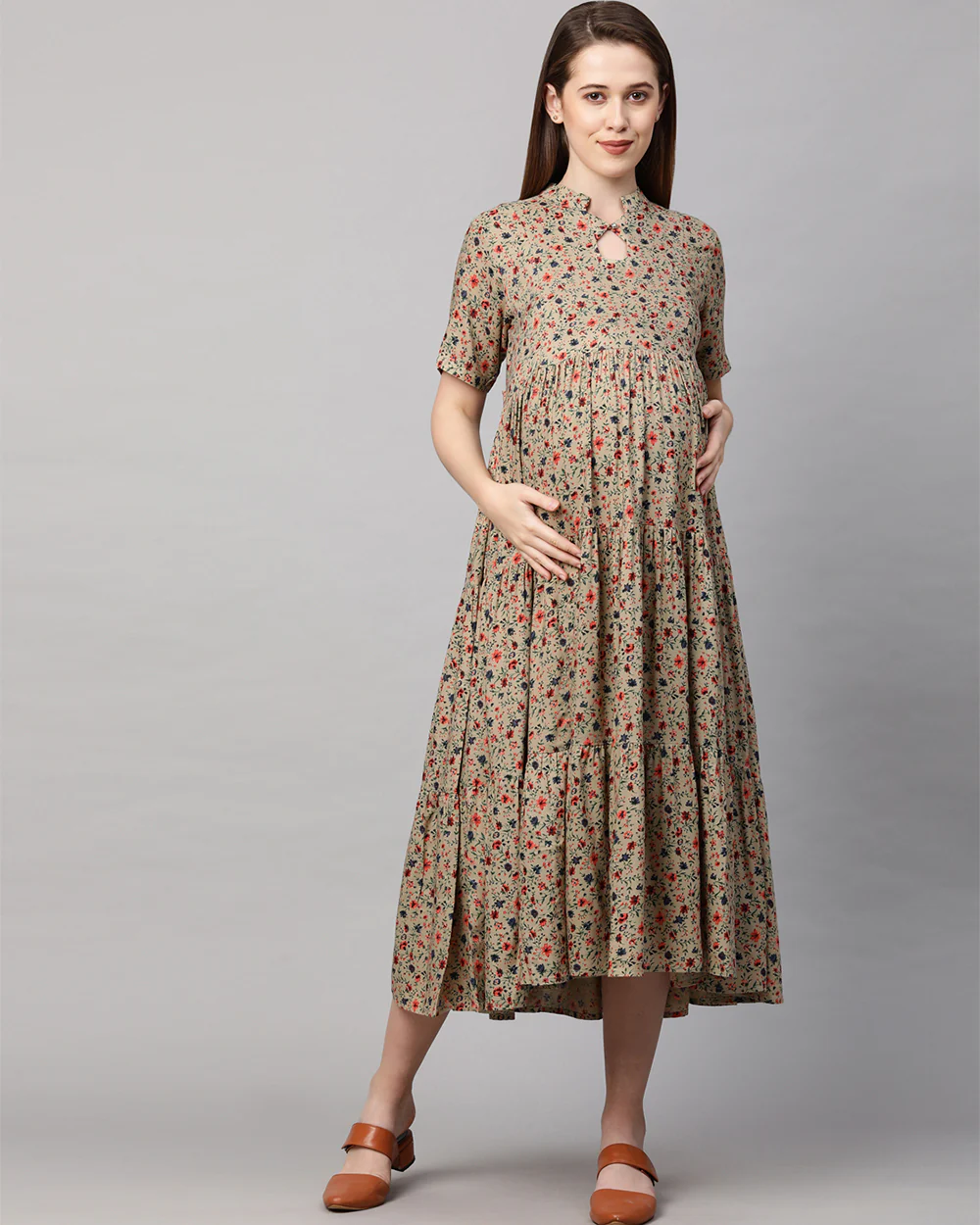 MomToBe Beige Maternity Nursing Dress-Floral Print-Rayon-Keyhole Neck-Bump Friendly - Image 6