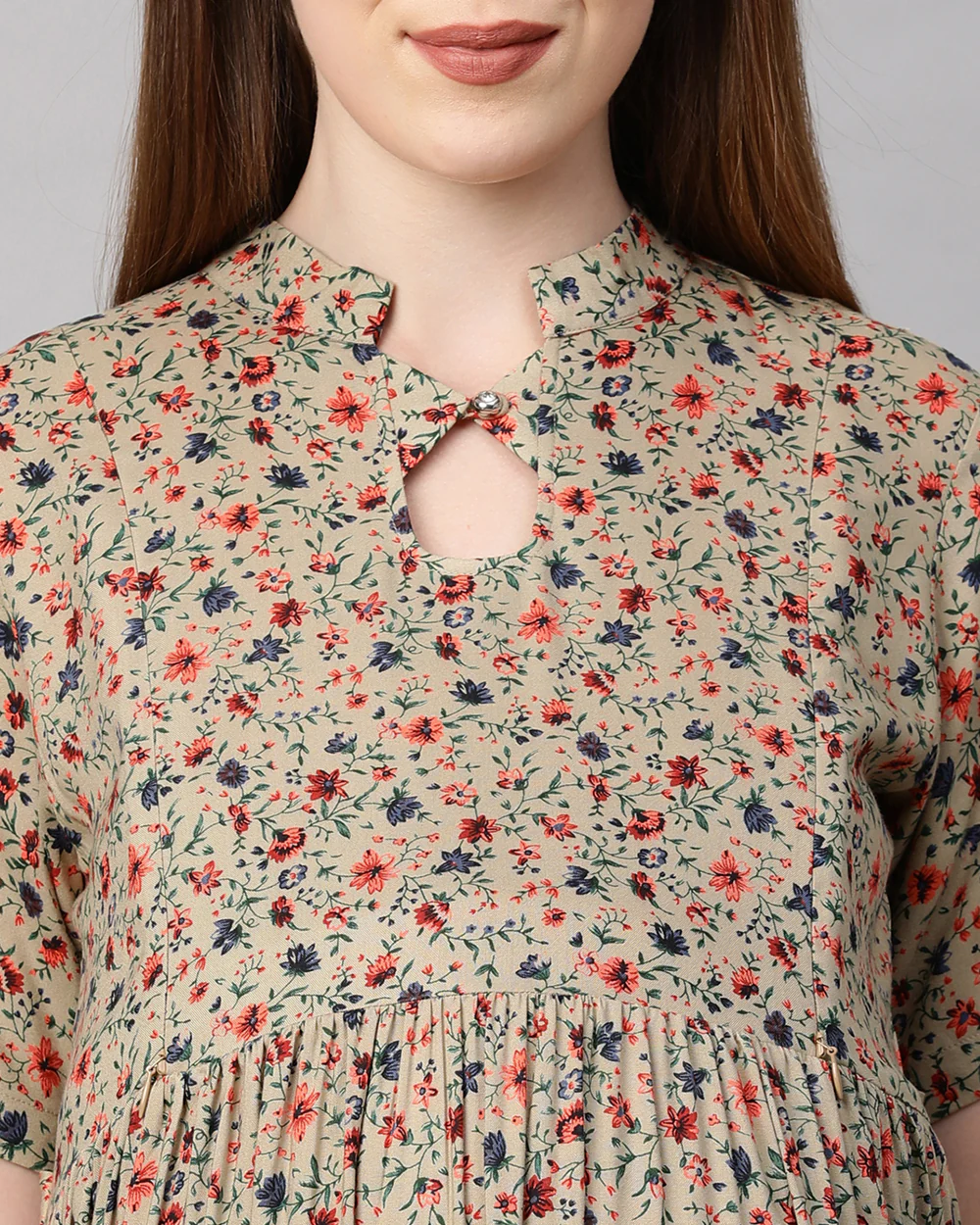 MomToBe Beige Maternity Nursing Dress-Floral Print-Rayon-Keyhole Neck-Bump Friendly - Image 8