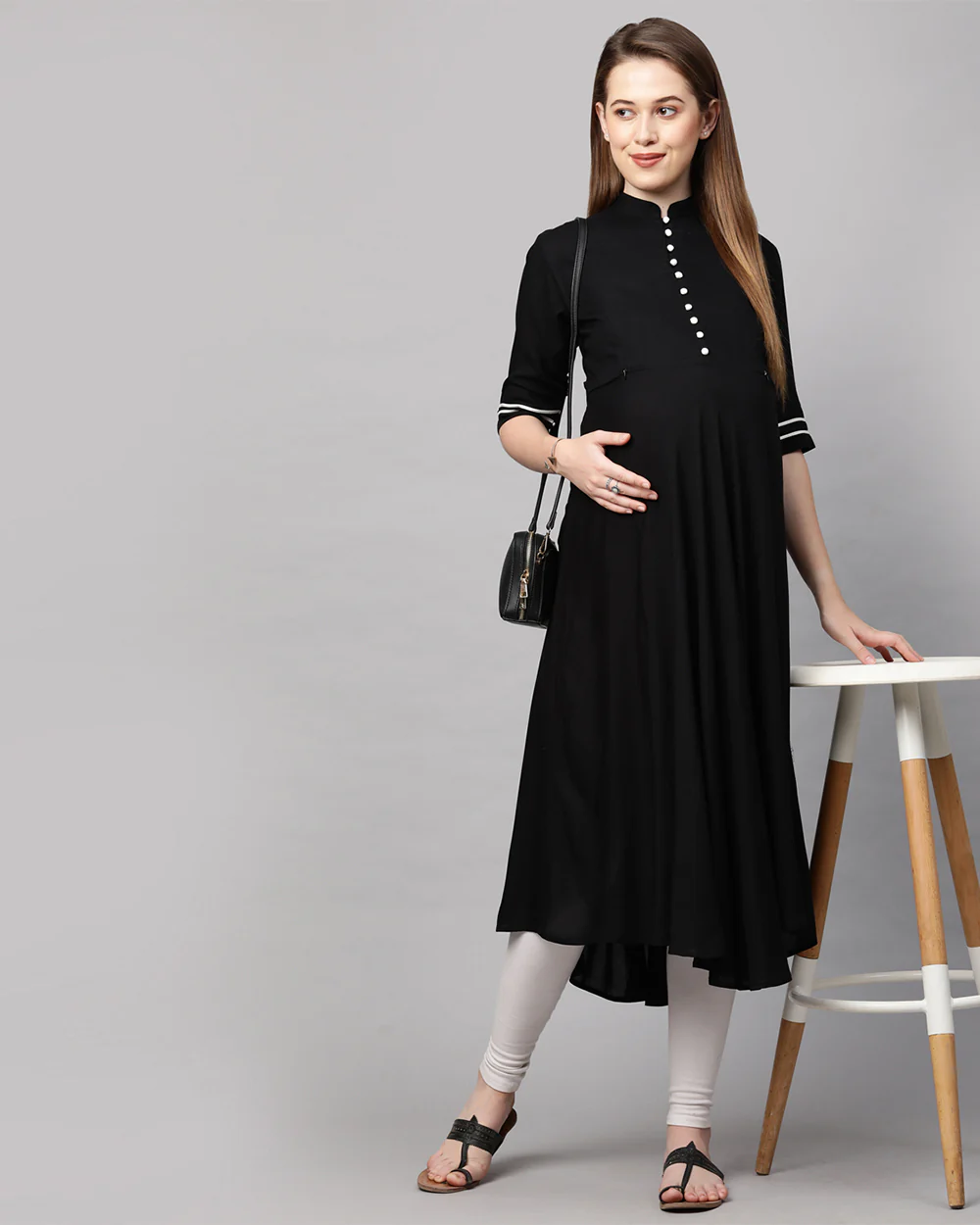 MomToBe Black Maternity Nursing Kurta-Solid Color-Rayon-Mandarin Collar-Half Sleeves-Bump Friendly - Image 3