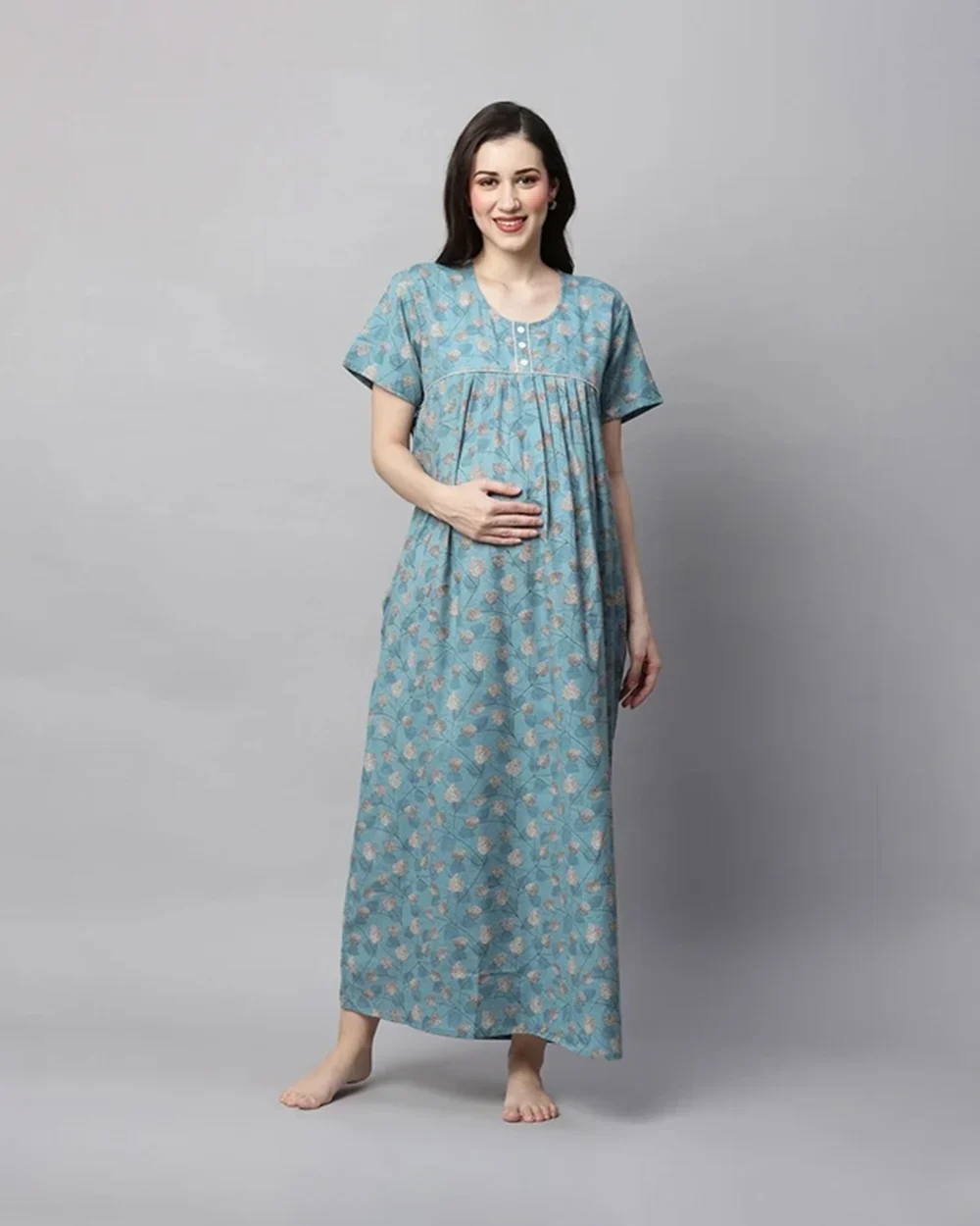 MomToBe Blue Maternity Nursing Nighty-Cotton Blend-Round Neck-Bump Friendly