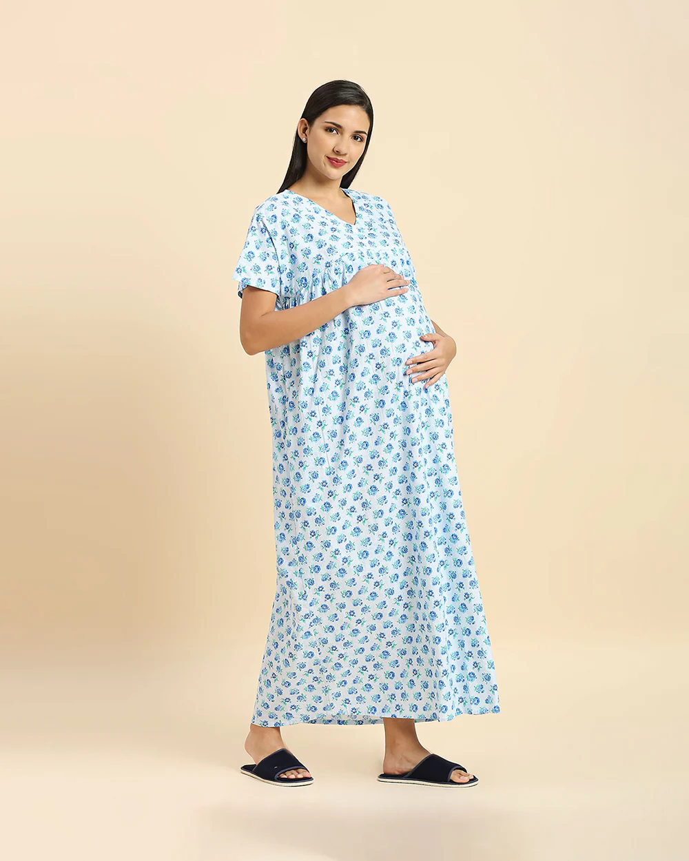 MomToBe Blue Maternity Nursing Nighty-Cotton-V Neck-Bump Friendly - Image 3