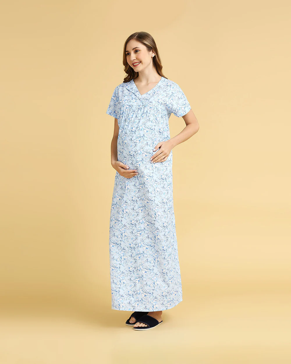 MomToBe Blue Maternity Nursing Nighty-Cotton-V Neck-Floral Print-Bump Friendly - Image 2