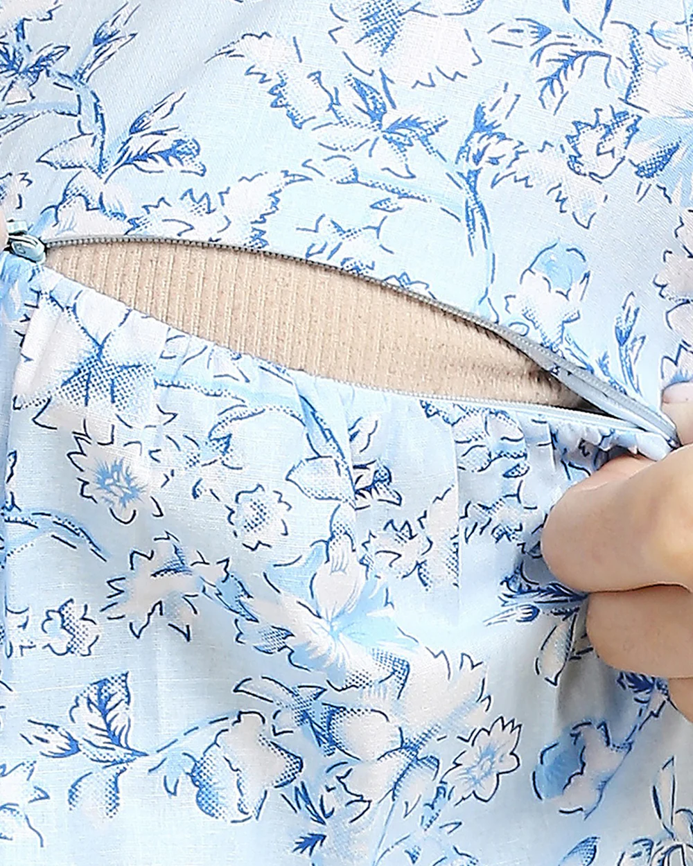 MomToBe Blue Maternity Nursing Nighty-Cotton-V Neck-Floral Print-Bump Friendly - Image 6