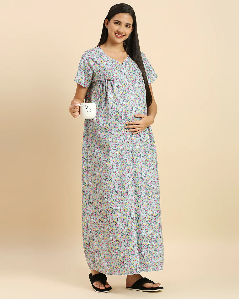MomToBe Blue Maternity Nursing Nighty-Floral Print-Cotton Blend-V Neck-Bump Friendly - Image 2