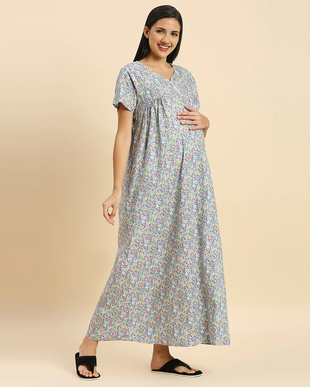MomToBe Blue Maternity Nursing Nighty-Floral Print-Cotton Blend-V Neck-Bump Friendly - Image 4