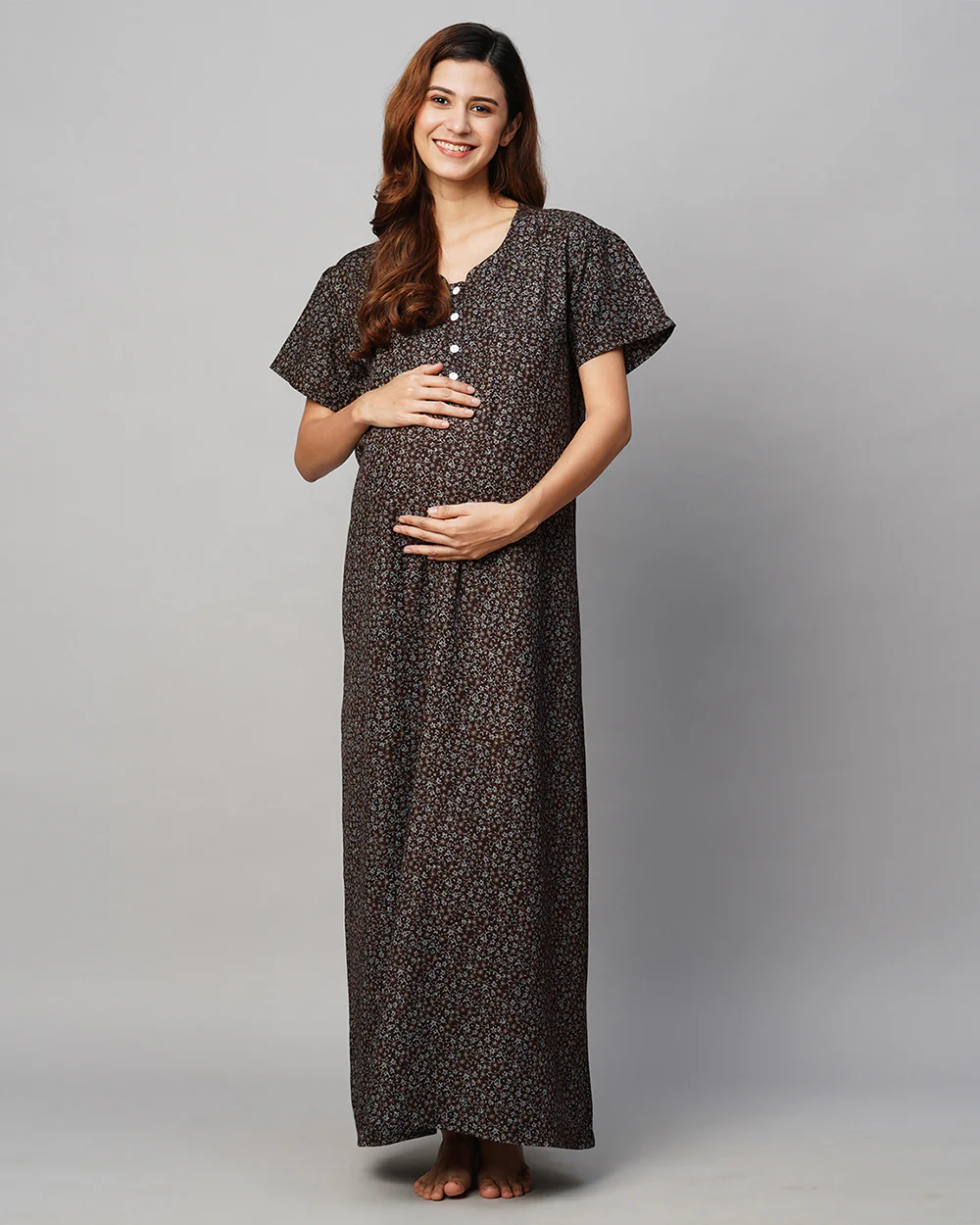 MomToBe Brown Maternity Nursing Nighty-Floral Print-Cotton Blend-Sweetheart Neck-Bump Friendly