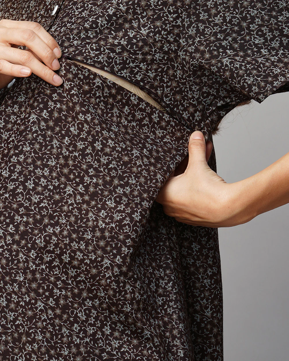 MomToBe Brown Maternity Nursing Nighty-Floral Print-Cotton Blend-Sweetheart Neck-Bump Friendly - Image 5