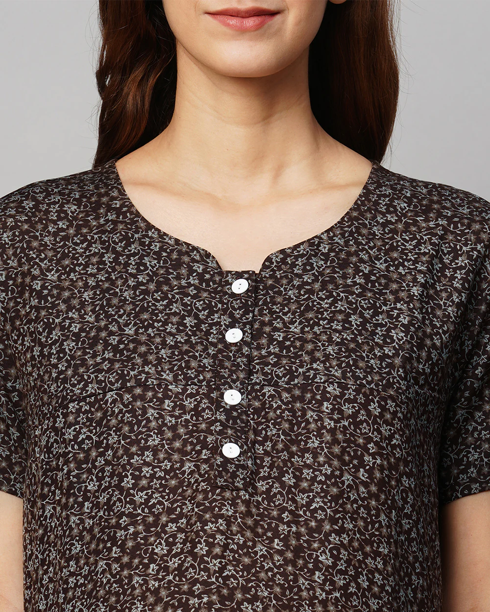 MomToBe Brown Maternity Nursing Nighty-Floral Print-Cotton Blend-Sweetheart Neck-Bump Friendly - Image 7