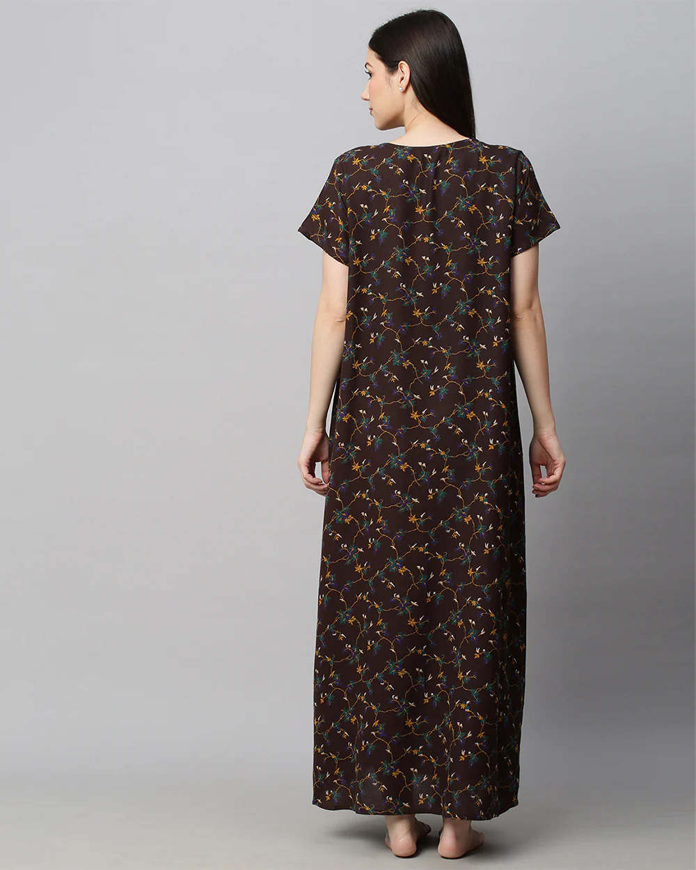 MomToBe Brown Maternity Nursing Nighty-Floral Print-Cotton Blend-Sweetheart Neck with Buttons-Bump Friendly - Image 4
