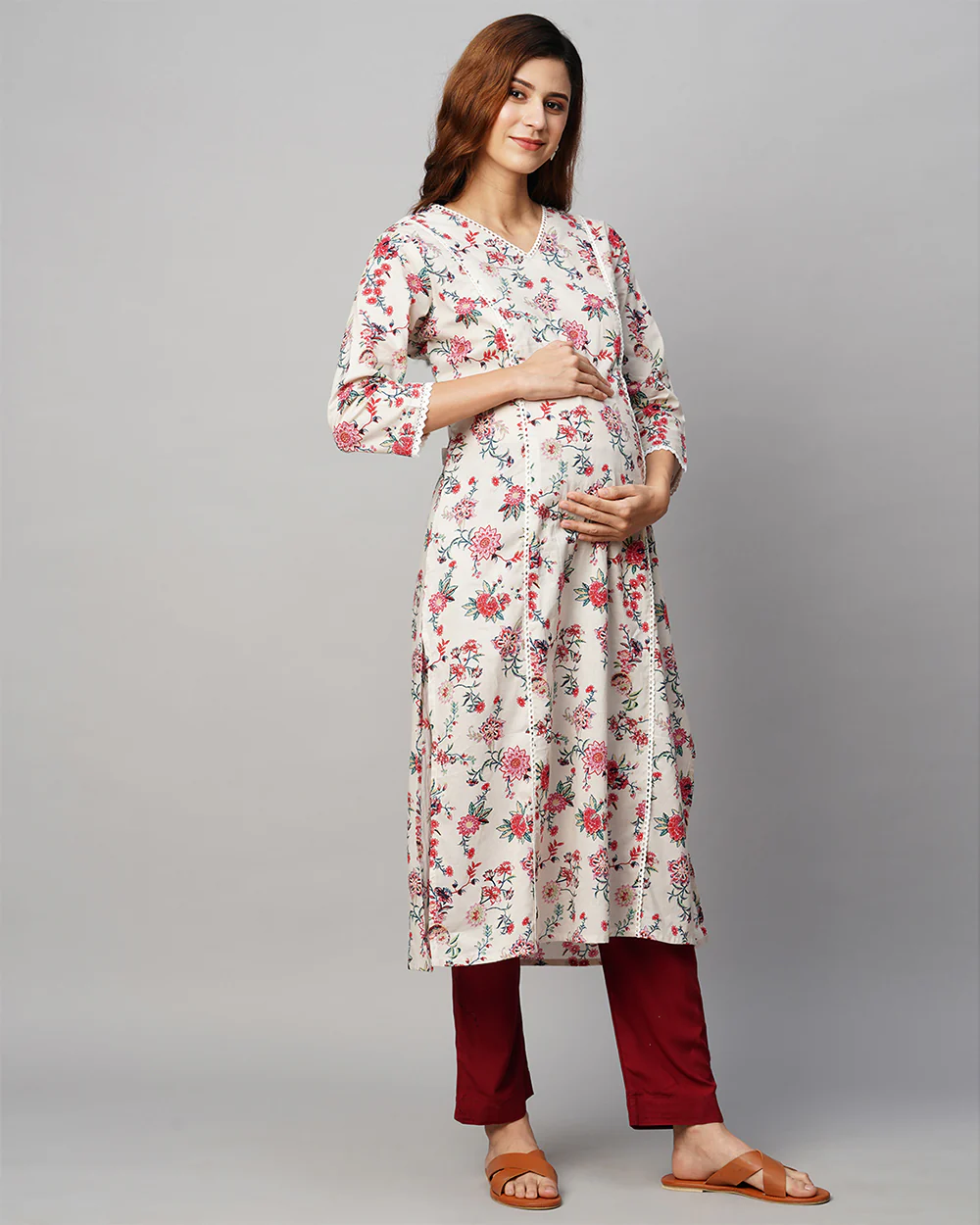 MomToBe Cream Maternity Nursing Kurta-Floral Print-Cotton-V Neck-Bump Friendly - Image 4
