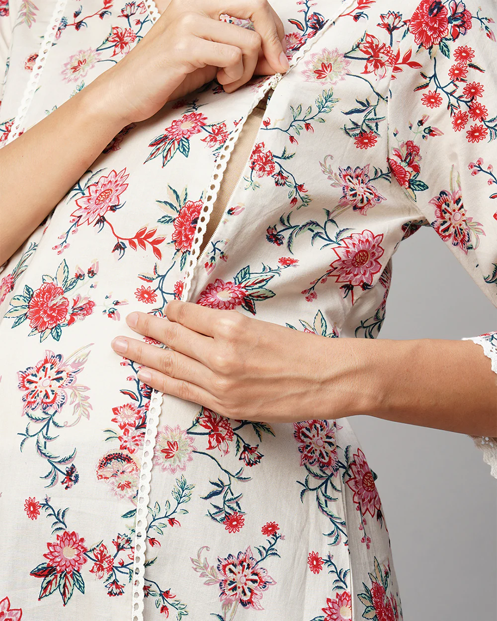 MomToBe Cream Maternity Nursing Kurta-Floral Print-Cotton-V Neck-Bump Friendly - Image 6