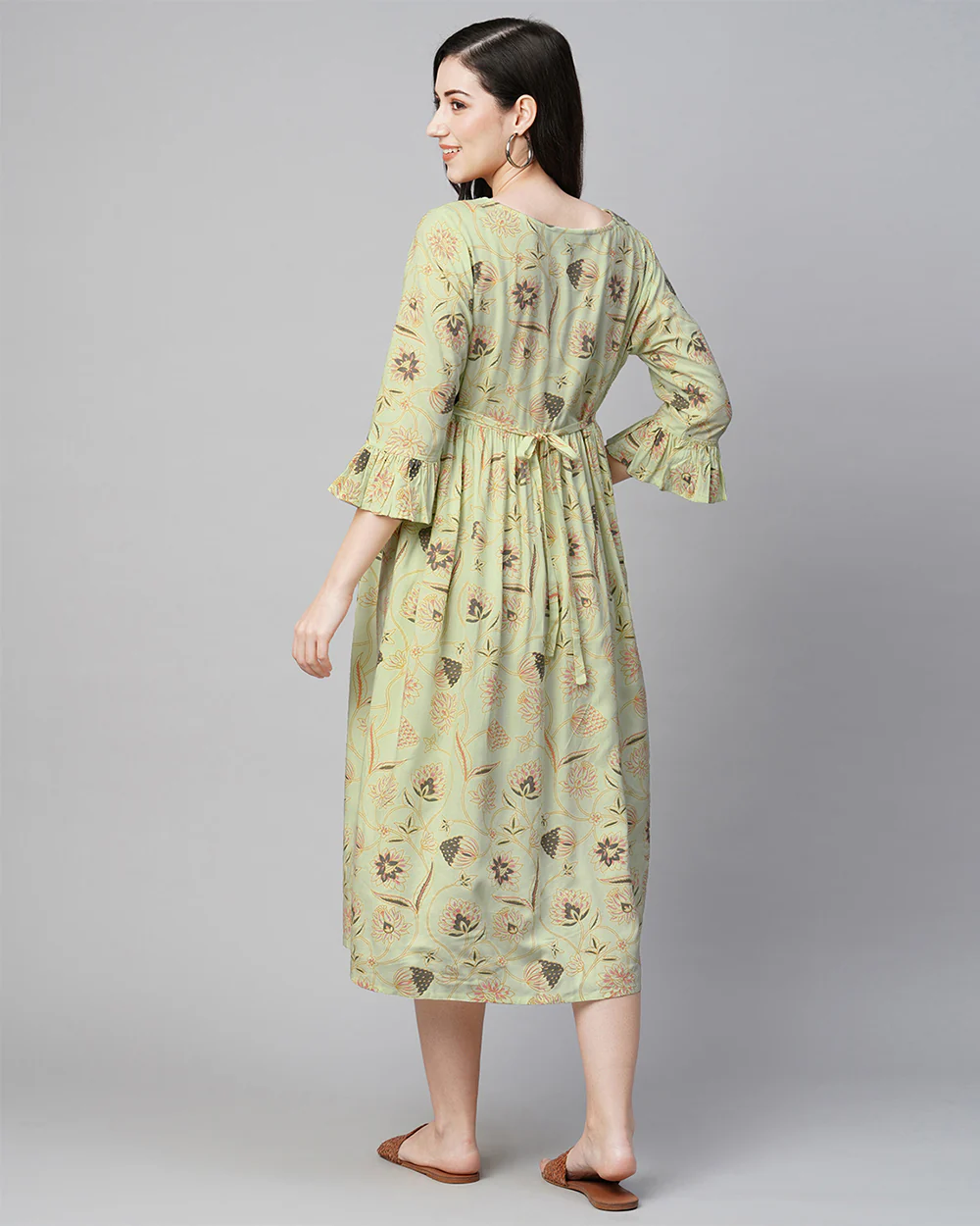 MomToBe Green Maternity Nursing Dress-Floral Print-Rayon-Sweetheart Neck-Bump Friendly - Image 2