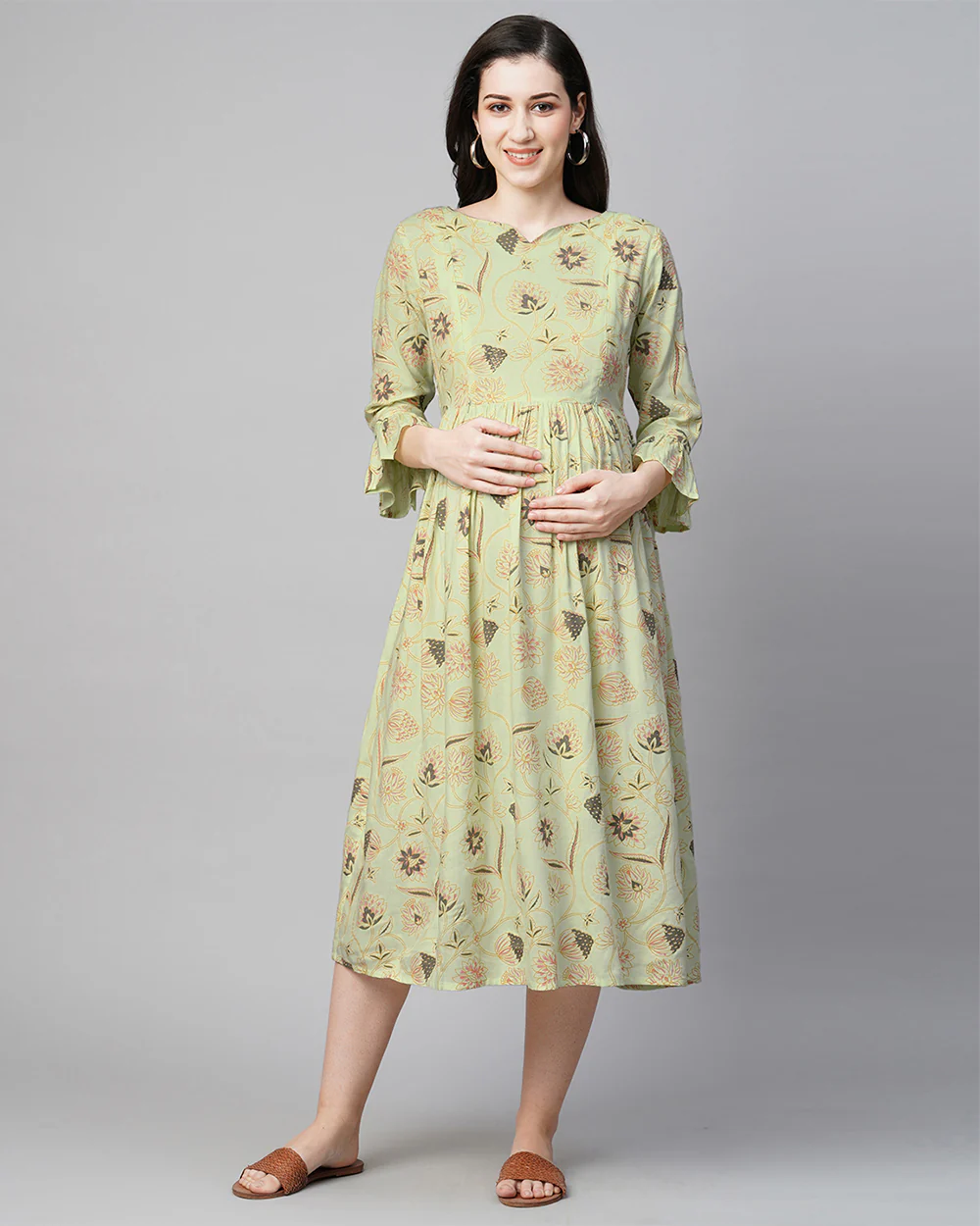 MomToBe Green Maternity Nursing Dress-Floral Print-Rayon-Sweetheart Neck-Bump Friendly - Image 3