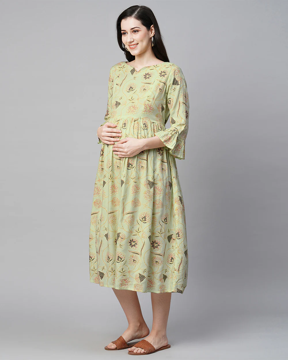 MomToBe Green Maternity Nursing Dress-Floral Print-Rayon-Sweetheart Neck-Bump Friendly - Image 4