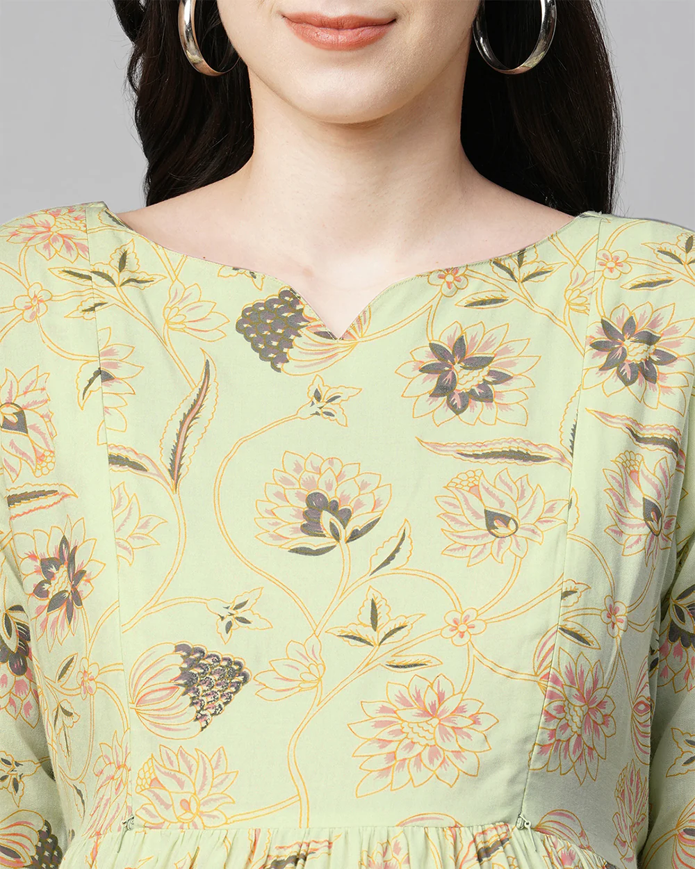 MomToBe Green Maternity Nursing Dress-Floral Print-Rayon-Sweetheart Neck-Bump Friendly - Image 6