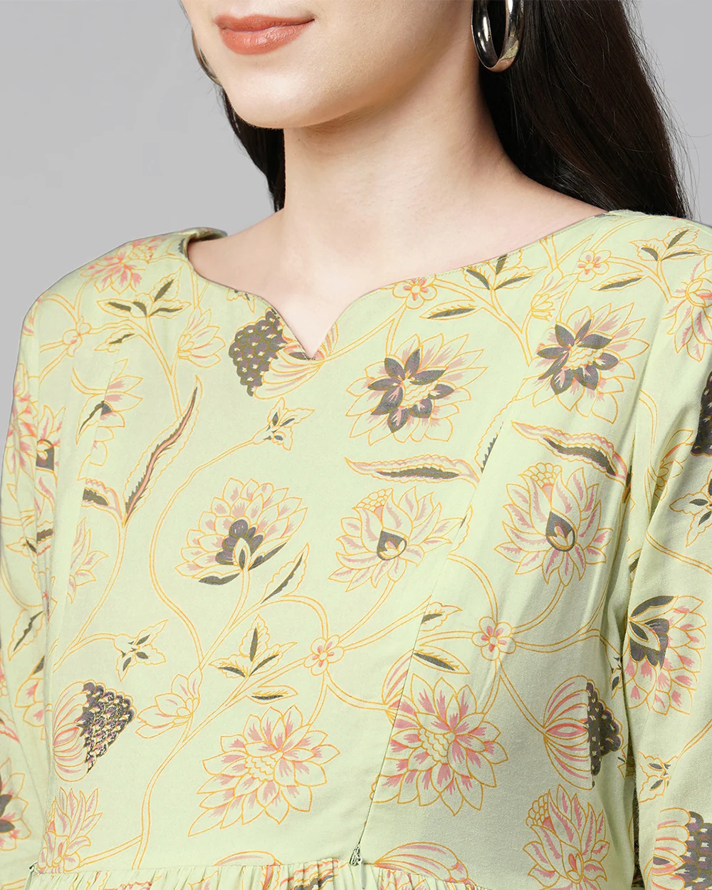 MomToBe Green Maternity Nursing Dress-Floral Print-Rayon-Sweetheart Neck-Bump Friendly - Image 7