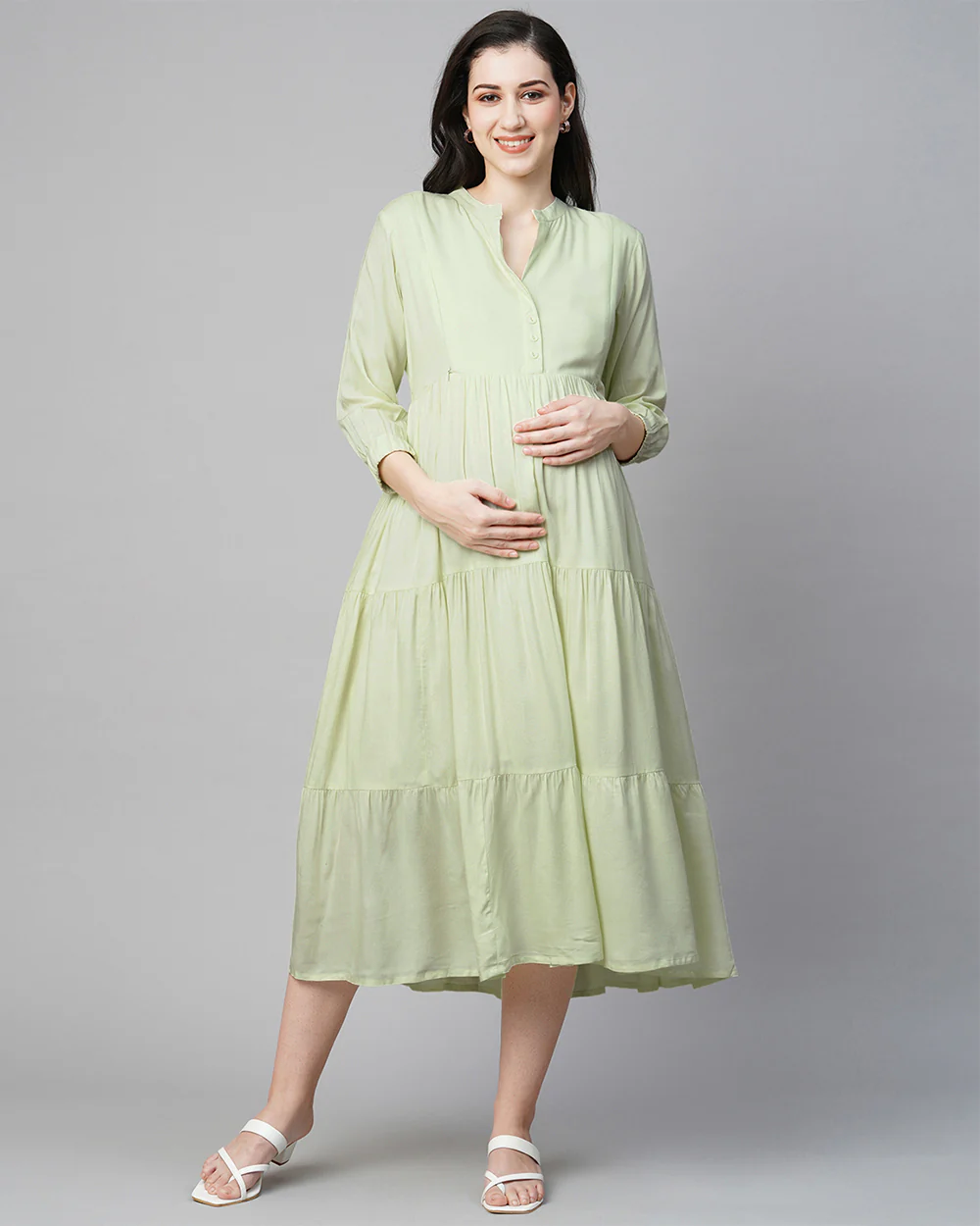 MomToBe Green Maternity Nursing Dress-Solid Color-Viscose Rayon-Mandarin Collar-Bump Friendly - Image 3