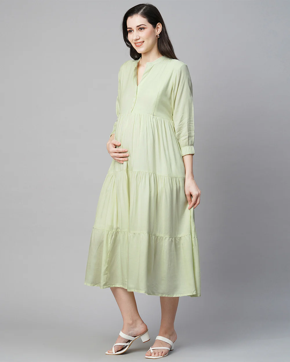 MomToBe Green Maternity Nursing Dress-Solid Color-Viscose Rayon-Mandarin Collar-Bump Friendly - Image 4