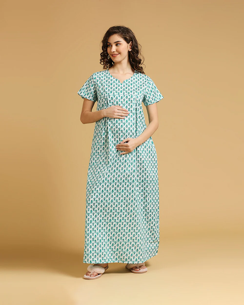MomToBe Green Maternity Nursing Nighty-Cotton-V Neck-Bump Friendly - Image 3